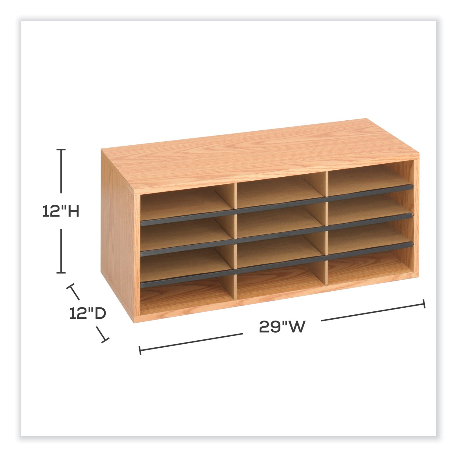 Safco® Wood/Corrugated Literature Organizer, 12 Compartments, 29 x 12 x 12, Medium Oak