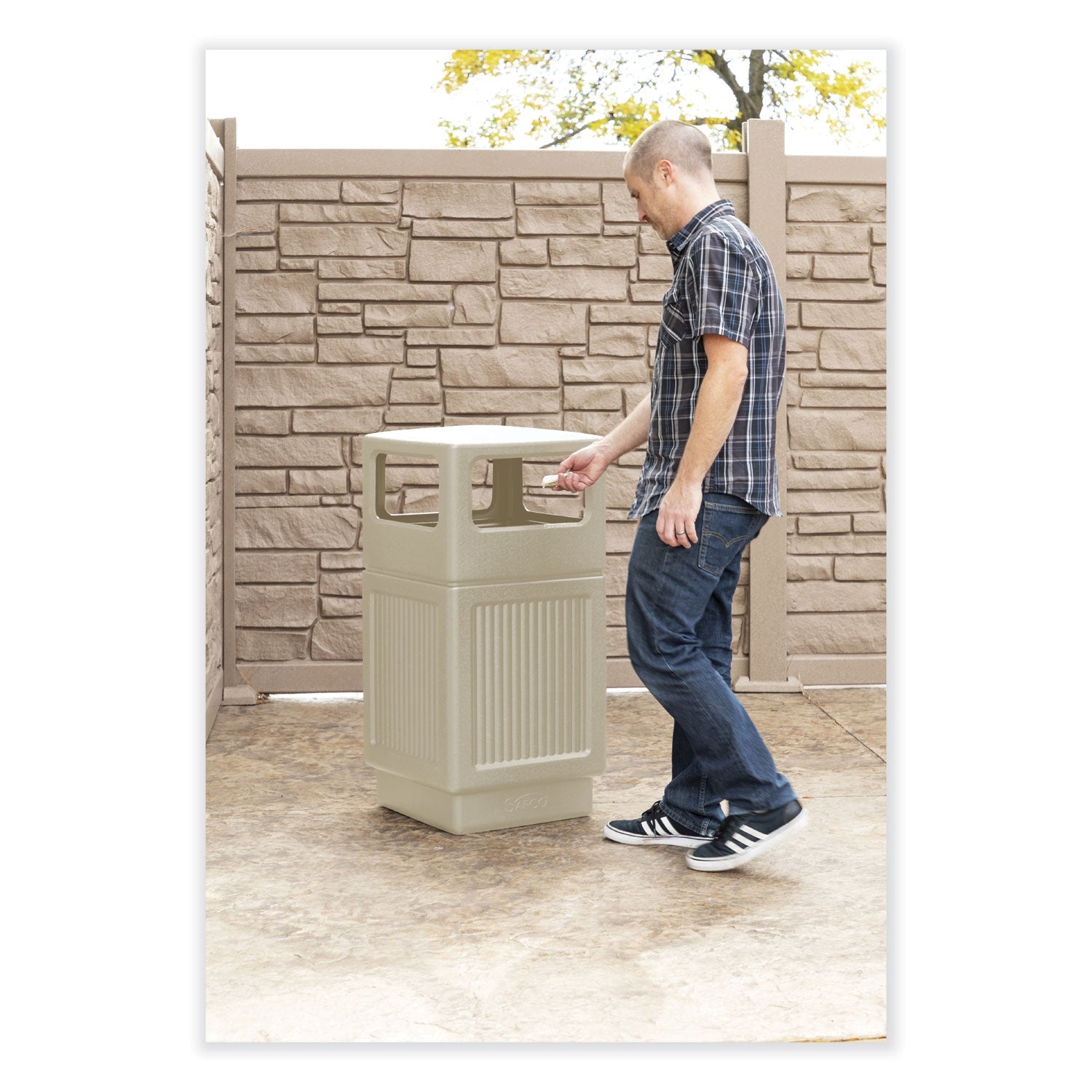 Safco® Canmeleon Recessed Panel Receptacles, Side-Open, 38 gal, Polyethylene, Tan