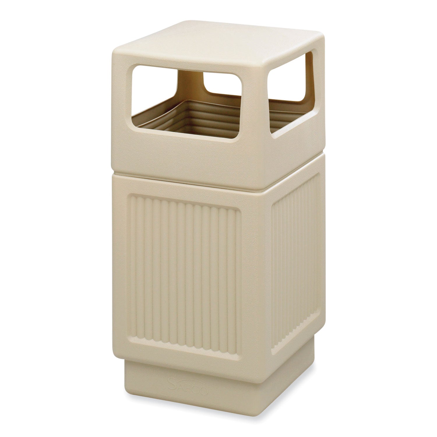 Safco® Canmeleon Recessed Panel Receptacles, Side-Open, 38 gal, Polyethylene, Tan