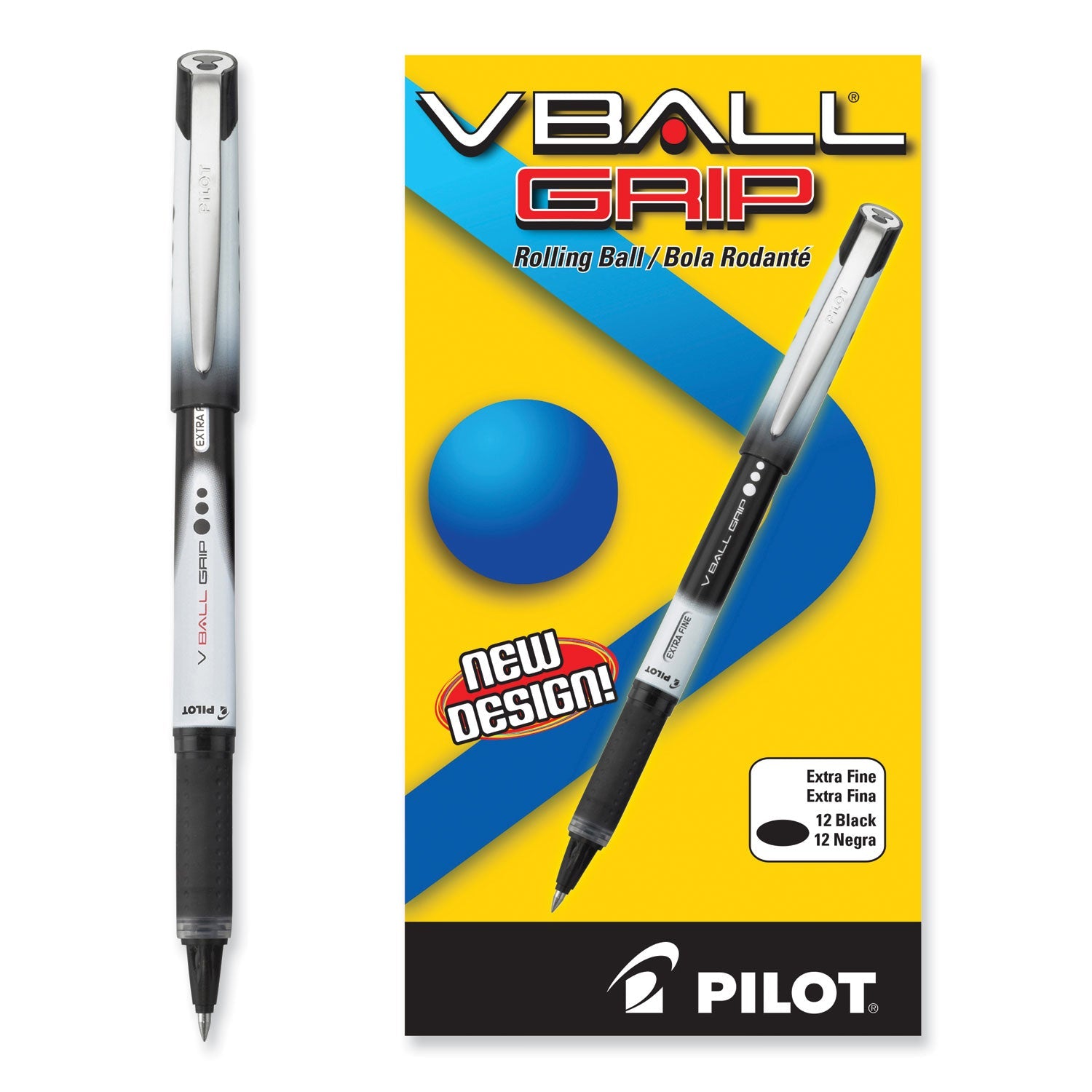 Pilot® VBall Grip Liquid Ink Rollerball Pen, Stick, Extra-Fine 0.5 mm, Black Ink, Black/White Barrel, Dozen
