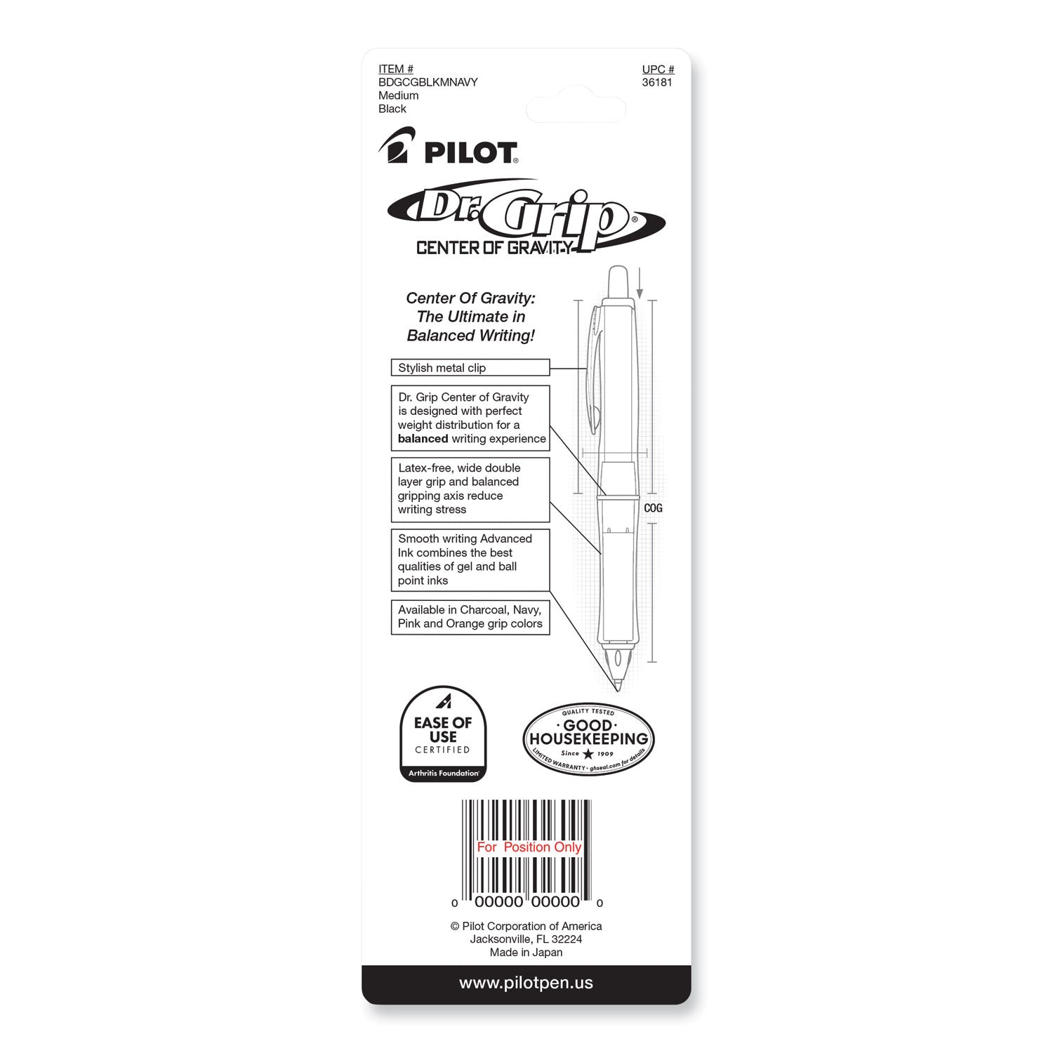 Pilot® Dr. Grip Center of Gravity Ballpoint Pen, Retractable, Medium 1 mm, Black Ink, Silver/Navy Barrel