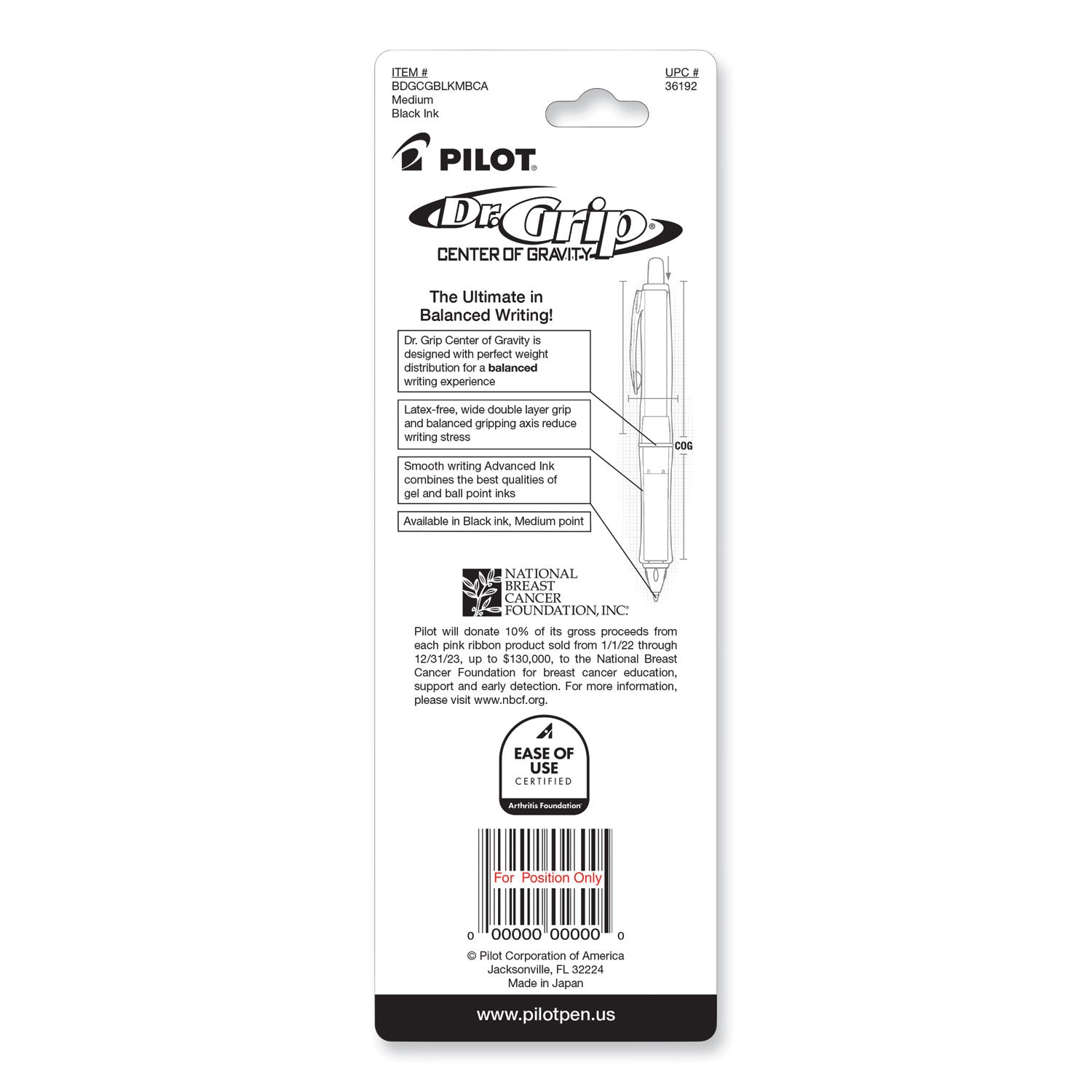 Pilot® Dr. Grip Center of Gravity Breast Cancer Awareness Ballpoint Pen, Retractable, Medium 1 mm, Black Ink, Silver/Pink Barrel