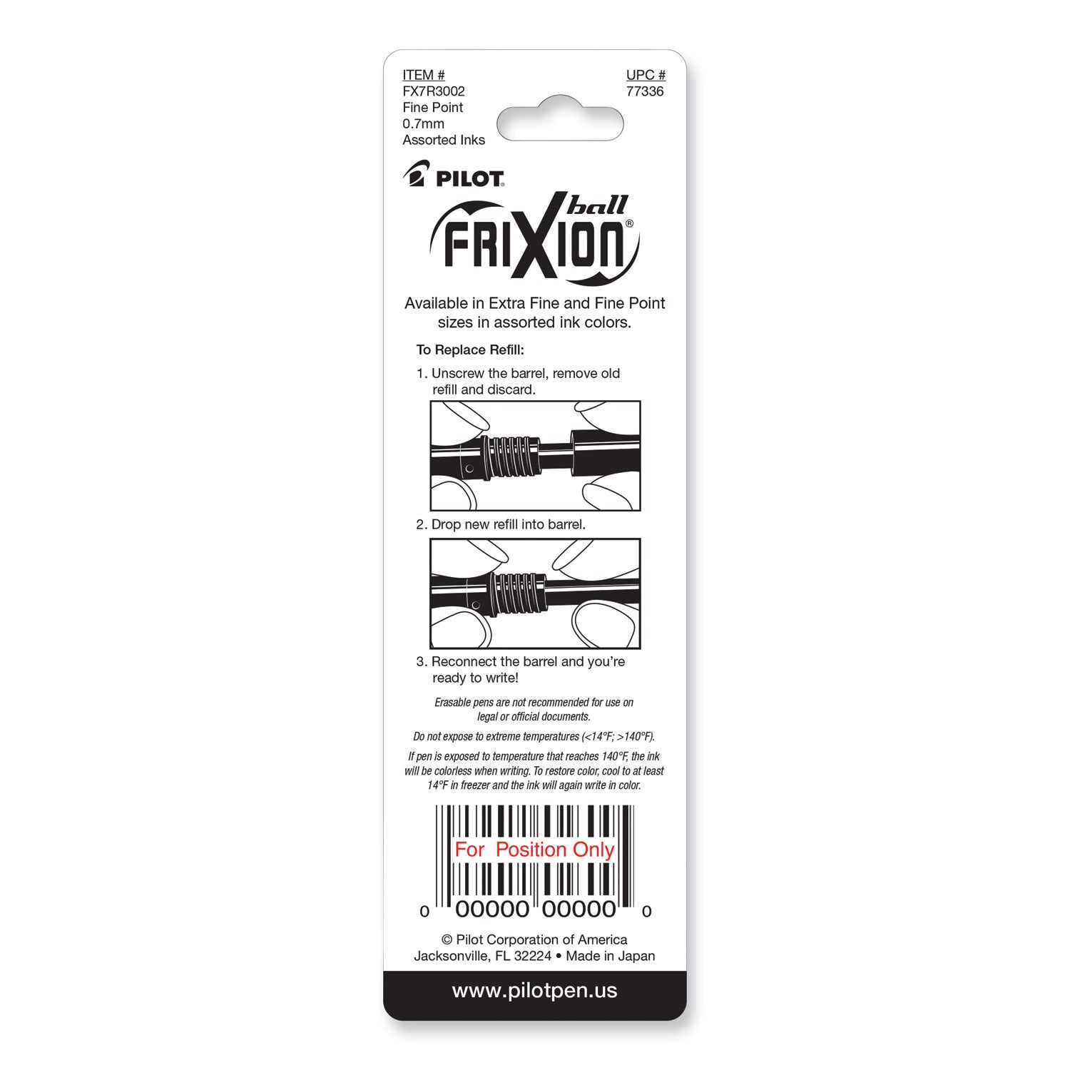 Pilot® Refill For Pilot Frixion Erasable, Frixion Ball, Frixion Clicker And Frixion Lx Gel Ink Pens, Fine Tip, Assorted Ink, 3/pack