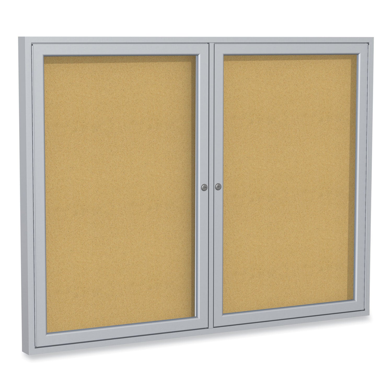 Ghent 2 Door Enclosed Natural Cork Bulletin Board with Satin Frame, 60" x 48", Tan Surface, Satin Aluminum Frame - Bloom Skins