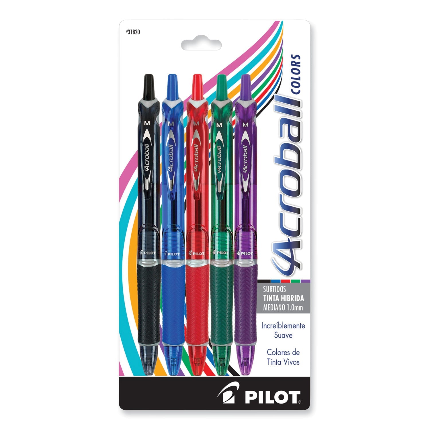 Pilot® Acroball Colors Advanced Ink Hybrid Gel Pen, Retractable, Medium 1 mm, Assorted Ink and Barrel Colors, 5/Pack