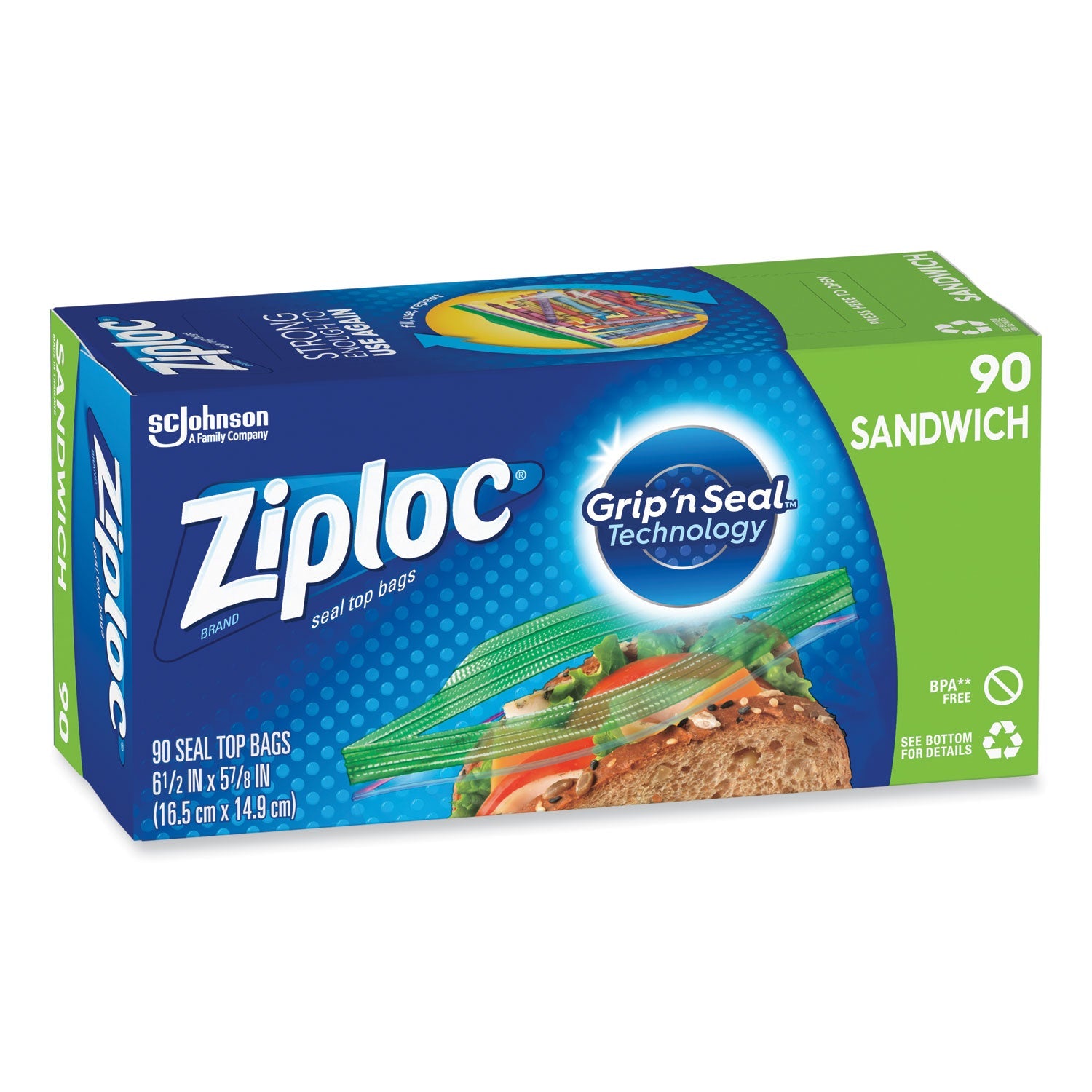Ziploc® Resealable Sandwich Bags, 6.5" x 5.88", Clear, 90 Bags/Box, 12 Boxes/Carton - Bloom Skins