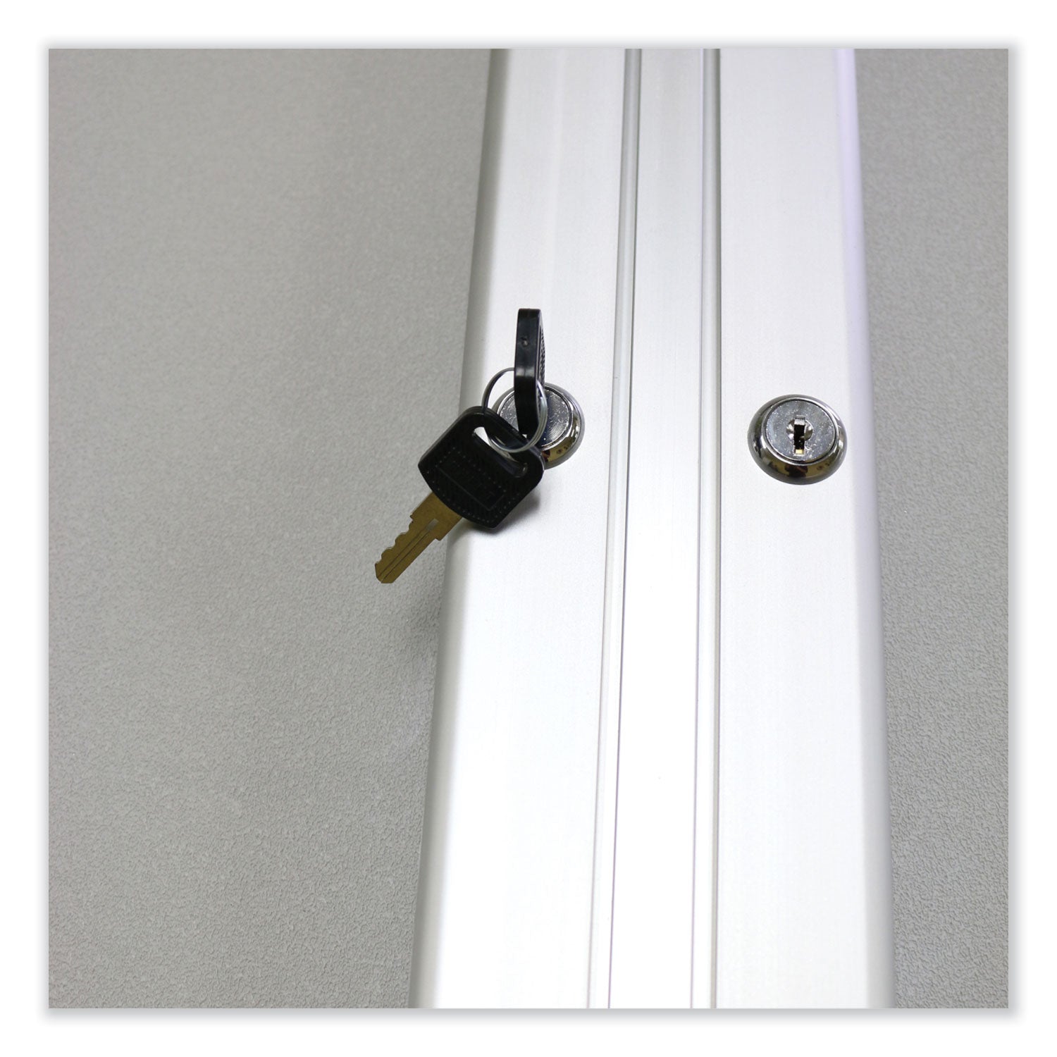 Ghent 3 Door Enclosed Vinyl Bulletin Board with Satin Frame, 96" x 48", Silver Surface, Satin Aluminum Frame