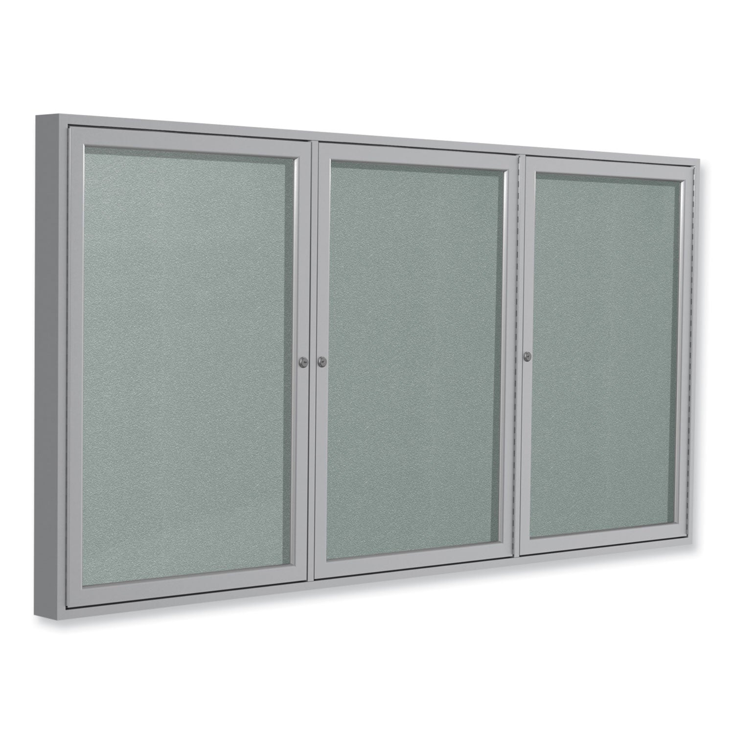 Ghent 3 Door Enclosed Vinyl Bulletin Board with Satin Frame, 96" x 48", Silver Surface, Satin Aluminum Frame