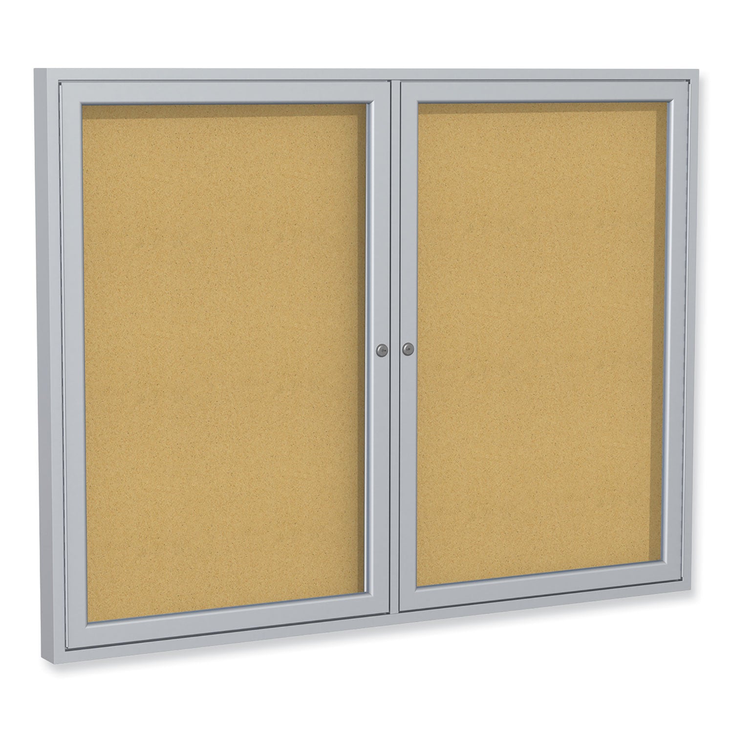 Ghent 2 Door Enclosed Natural Cork Bulletin Board with Satin Frame, 60" x 36", Tan Surface, Satin Aluminum Frame