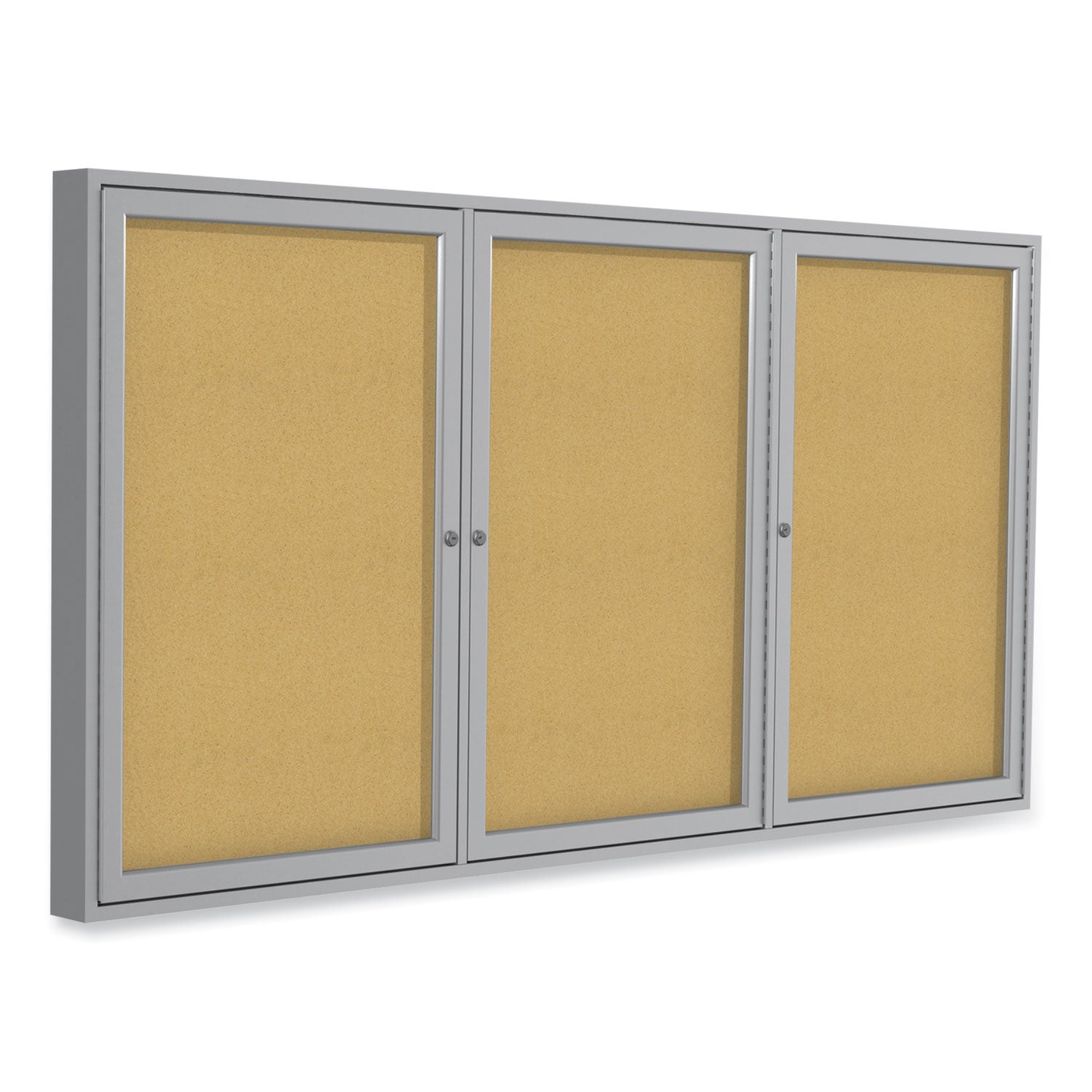 Ghent 3 Door Enclosed Vinyl Bulletin Board with Satin Frame, 72" x 48", Silver Surface, Satin Aluminum Frame - Bloom Skins