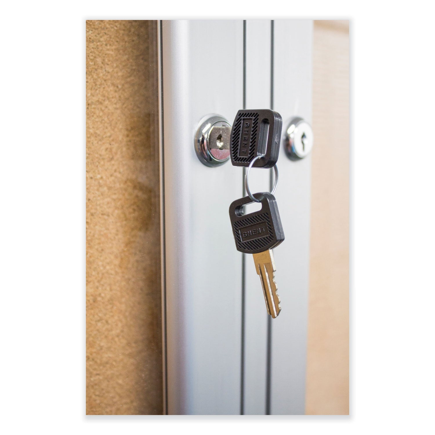 Ghent 3 Door Enclosed Natural Cork Bulletin Board with Satin Frame, 96" x 48", Tan Surface, Satin Aluminum Frame - Bloom Skins