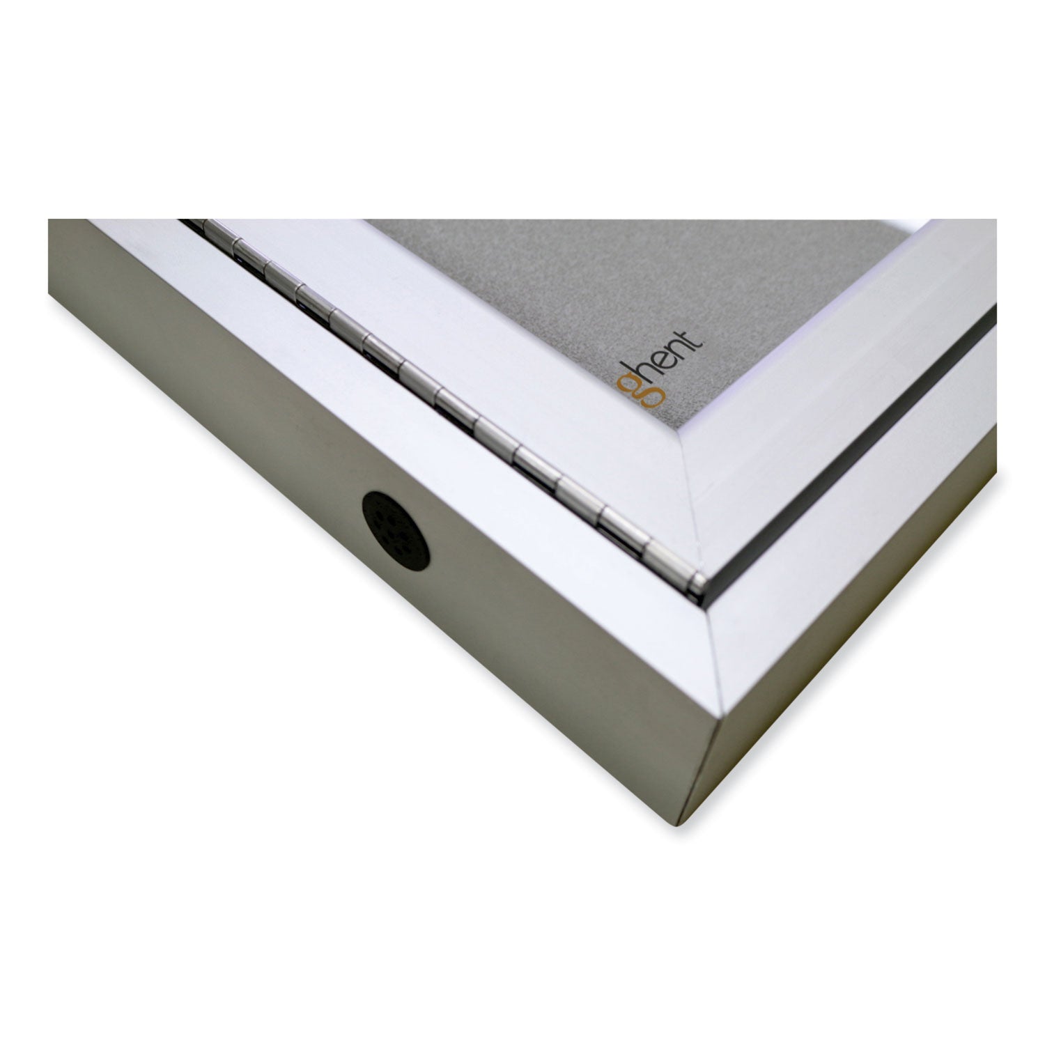 Ghent 3 Door Enclosed Vinyl Bulletin Board with Satin Frame, 96" x 48", Silver Surface, Satin Aluminum Frame