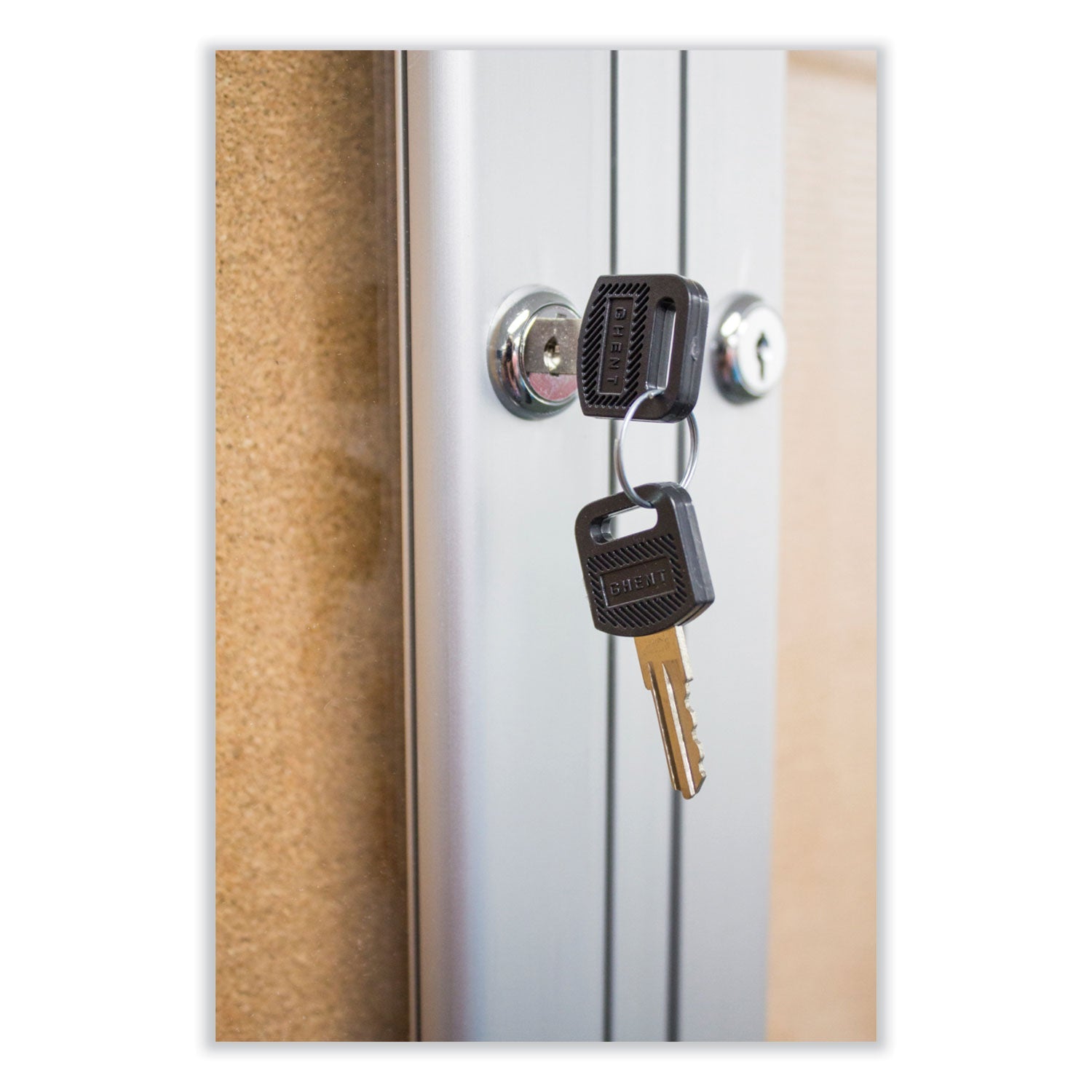 Ghent 3 Door Enclosed Vinyl Bulletin Board with Satin Frame, 72" x 48", Silver Surface, Satin Aluminum Frame - Bloom Skins