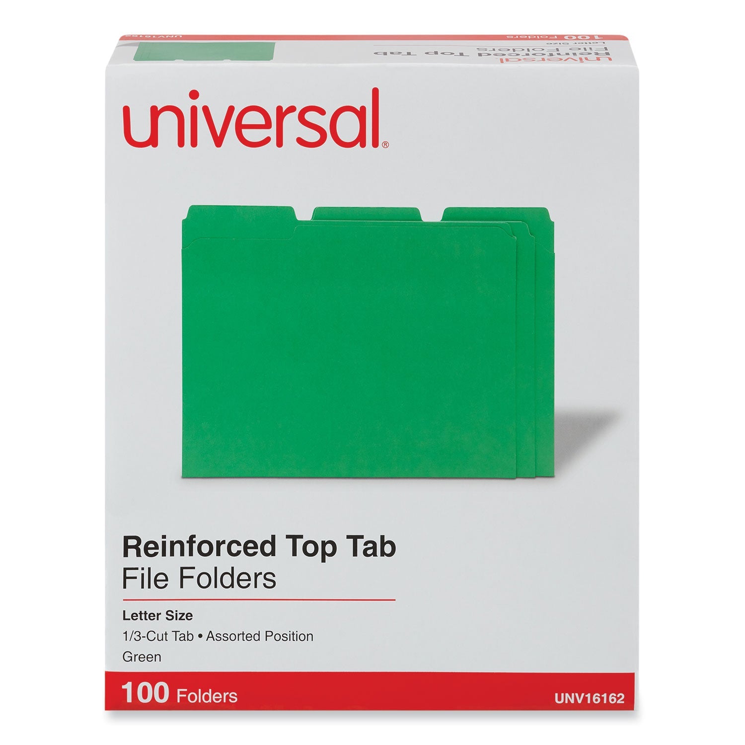 Universal® Reinforced Top-Tab File Folders, 1/3-Cut Tabs: Assorted, Letter Size, 1" Expansion, Green, 100/Box