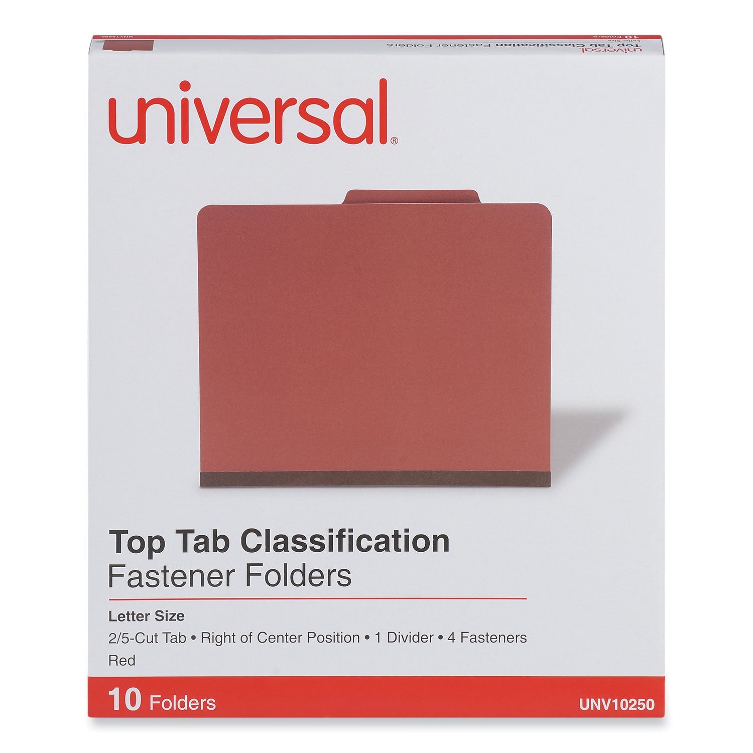 Universal® Four-Section Pressboard Classification Folders, 2" Expansion, 1 Divider, 4 Fasteners, Letter Size, Red Exterior, 10/Box - Bloom Skins