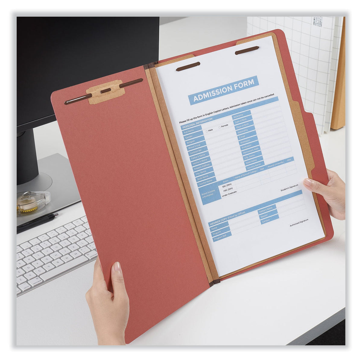 Universal® Four-Section Pressboard Classification Folders, 2" Expansion, 1 Divider, 4 Fasteners, Legal Size, Red Exterior, 10/Box