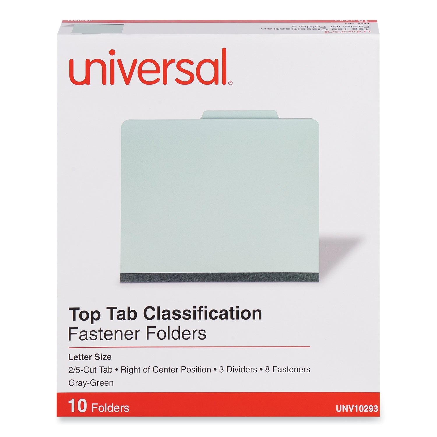 Universal® Eight-Section Pressboard Classification Folders, 3" Expansion, 3 Dividers, 8 Fasteners, Letter Size, Gray-Green, 10/Box