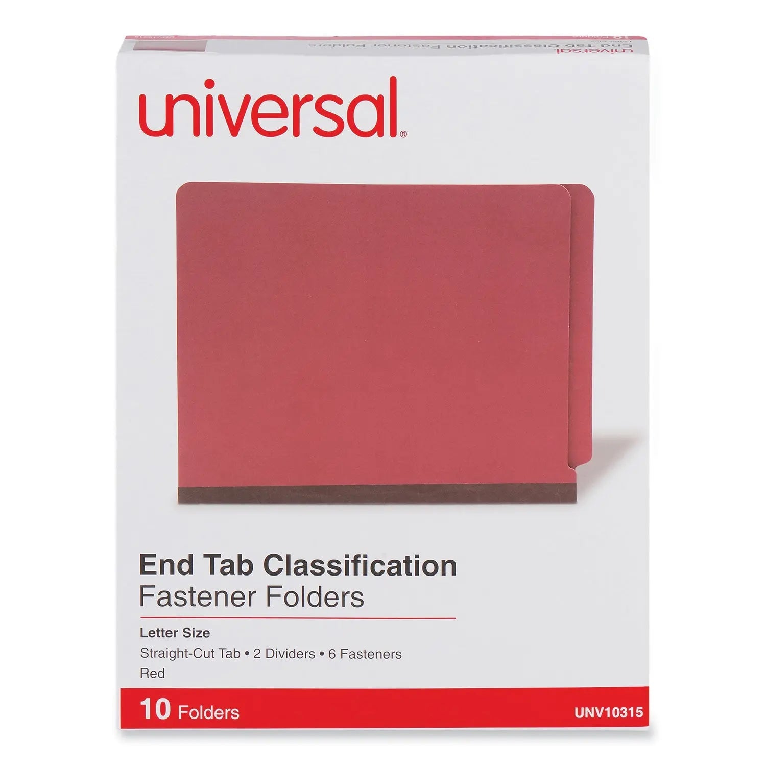 Universal® Red Pressboard End Tab Classification Folders, 2" Expansion, 2 Dividers, 6 Fasteners, Letter Size, Red Exterior, 10/Box