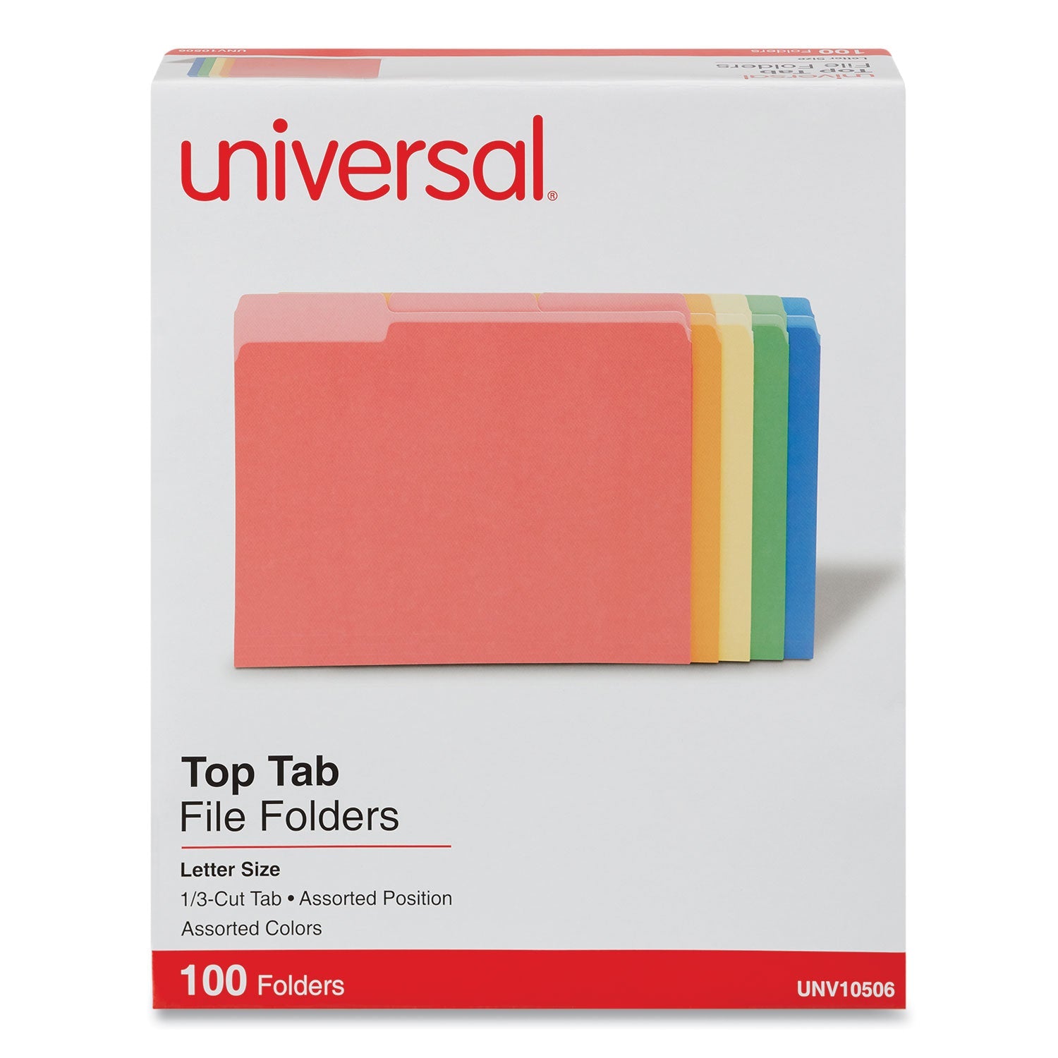 Universal® Deluxe Colored Top Tab File Folders, 1/3-Cut Tabs: Assorted, Letter Size, Assorted Colors, 100/Box