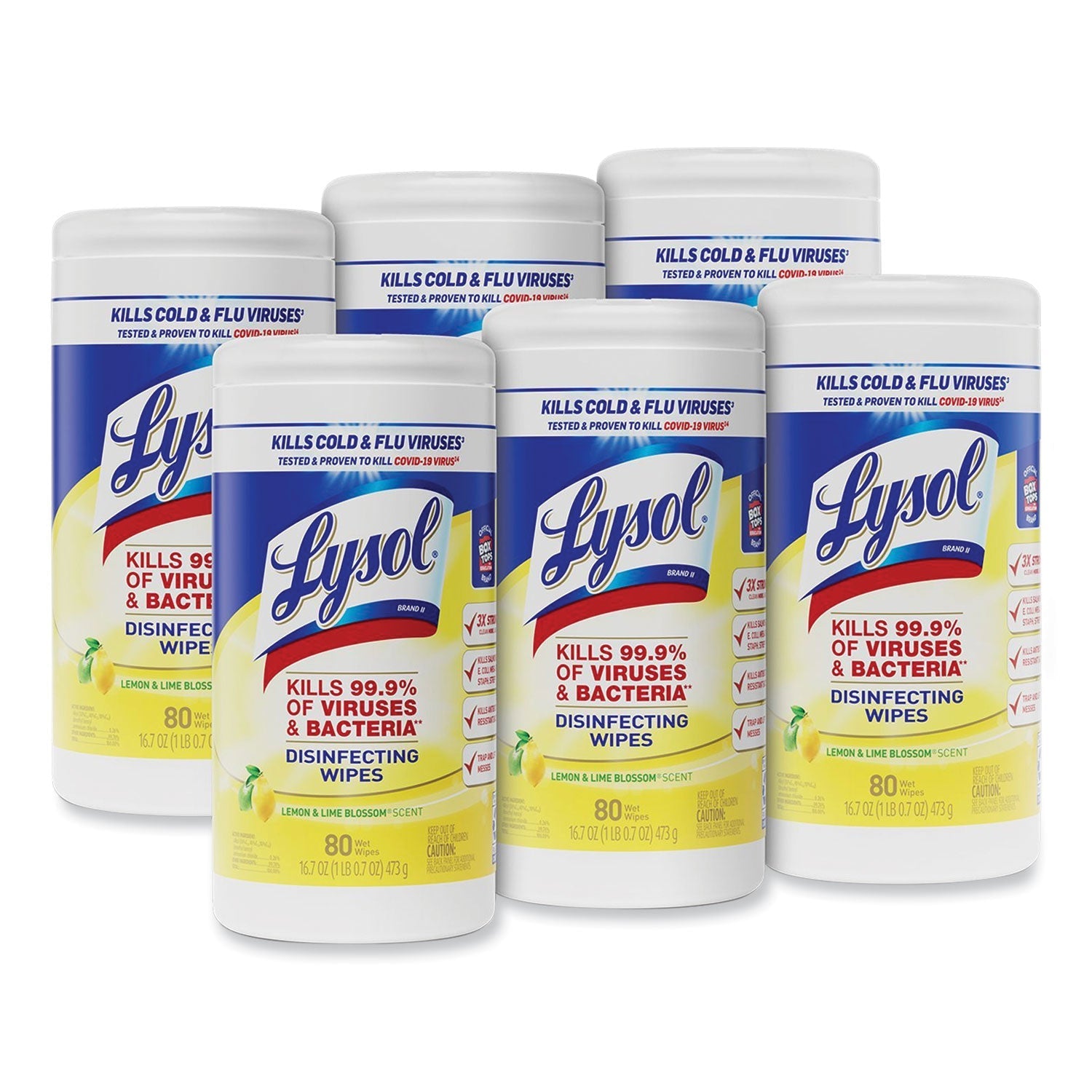 LYSOL® Brand Disinfecting Wipes, 1-Ply, 7 x 7.25, Lemon and Lime Blossom, White, 80 Wipes/Canister, 6 Canisters/Carton