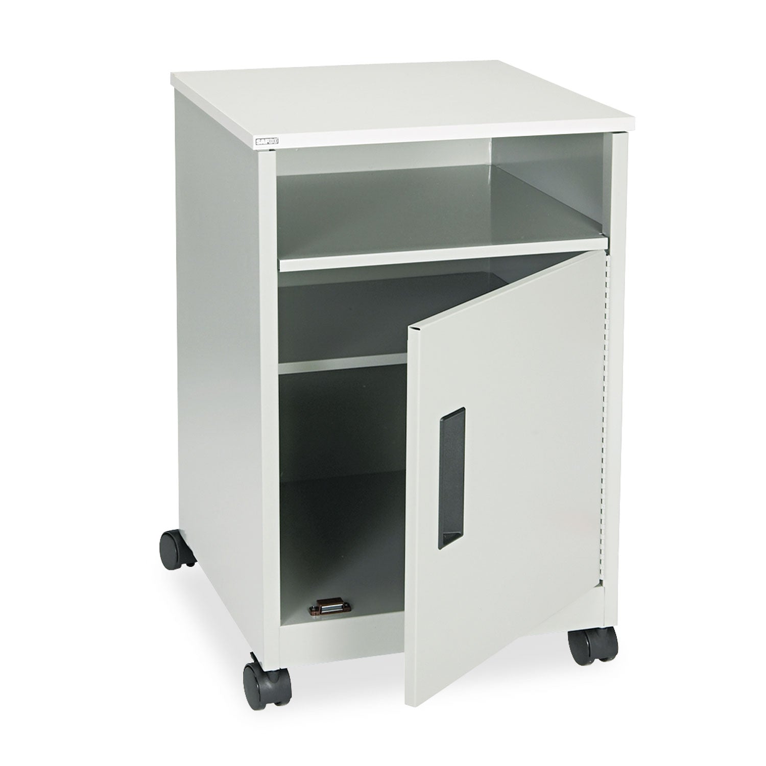 Safco® Steel Machine Stand with Open Storage Compartment, Wood, 4 Shelves, 1 Bin, 15.25 x 17.25 x 27.25, Gray