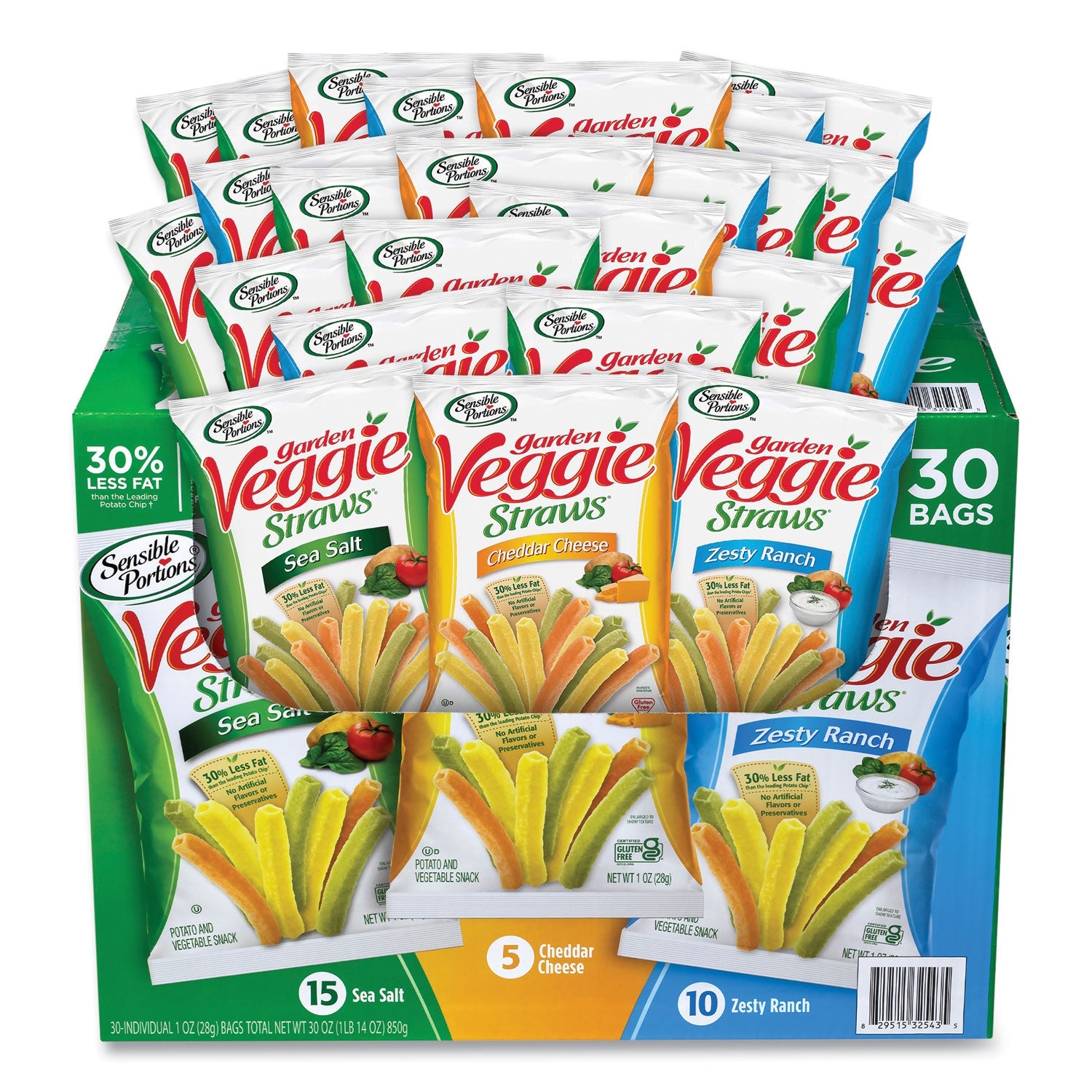Sensible Portions® Veggie Straws, Cheddar Cheese/Sea Salt/Zesty Ranch, 1 oz Bag, 30 Bags/Carton