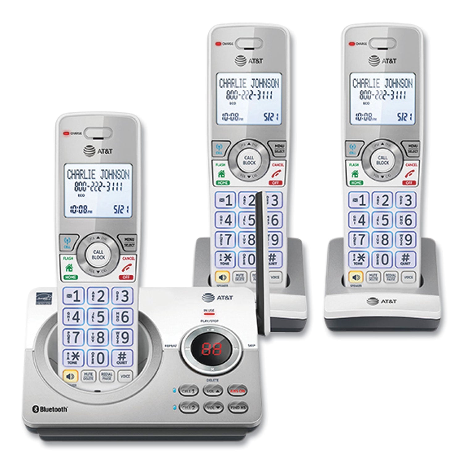 AT&T® Connect to Cell DL72310 Cordless Telephone, Base and 2 Additional Handsets, White/Silver