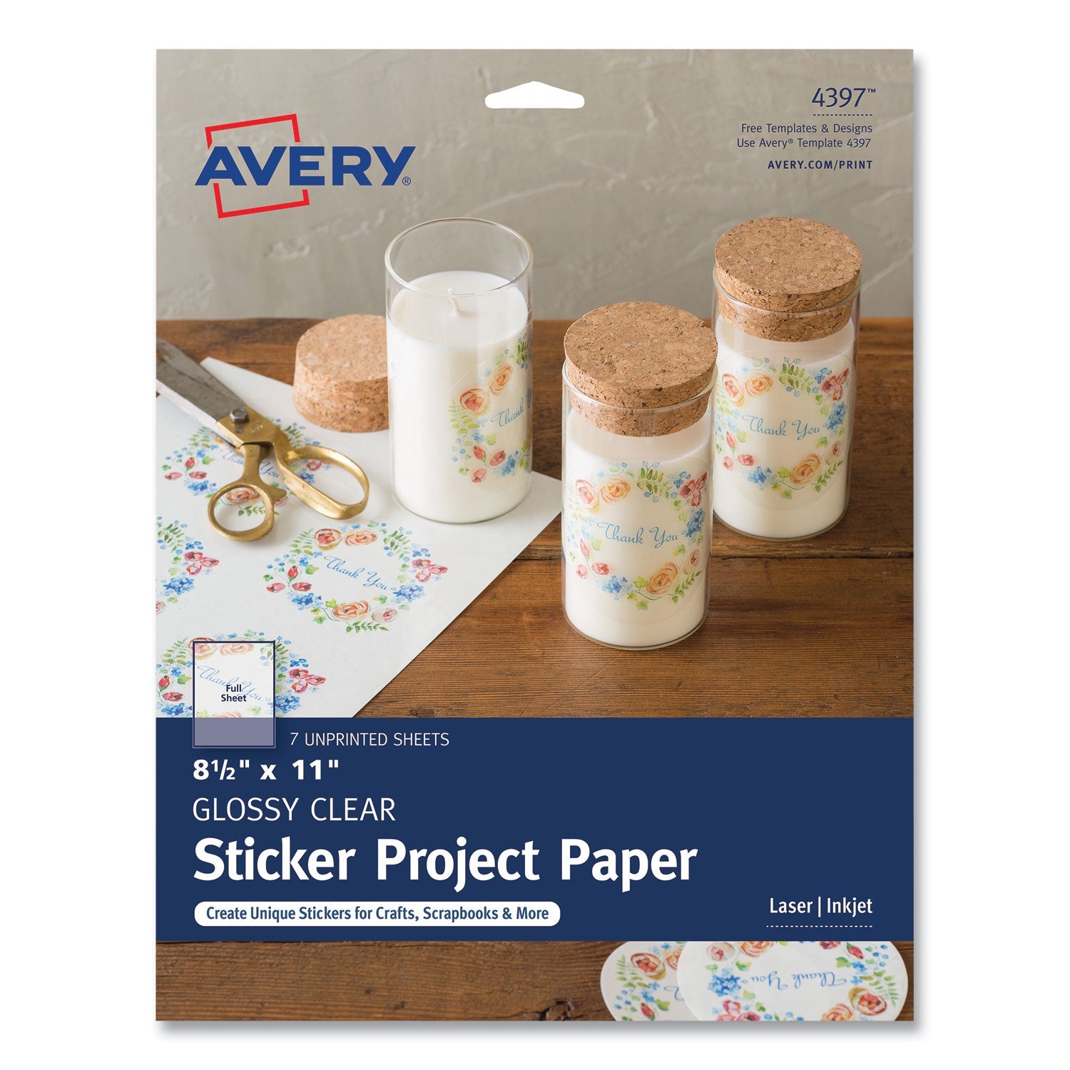Avery® Avery Sticker Project Paper Laser/Inkjet Multipurpose Labels, 11 x 8.5, Glossy Clear, 1 Label/Sheet, 7 Sheets/Pack
