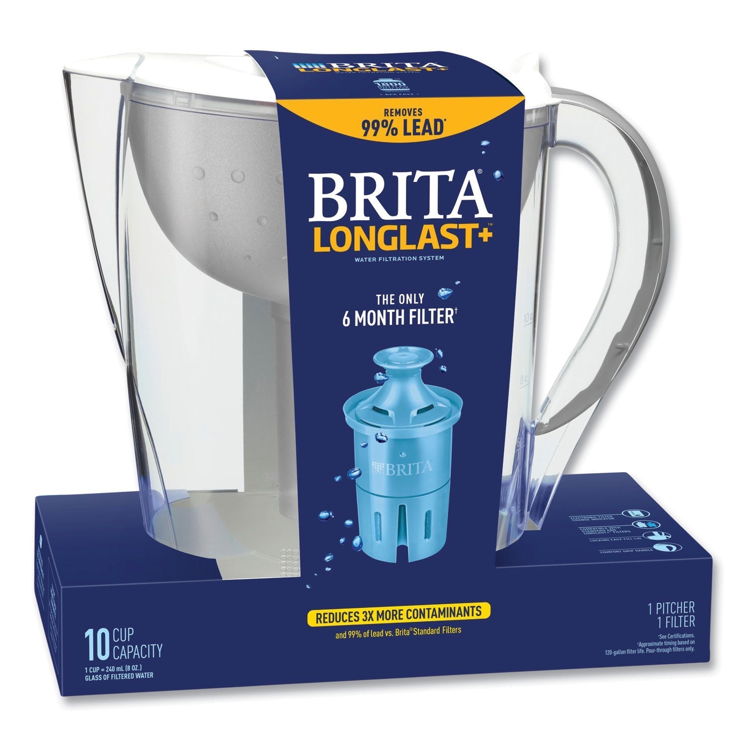 Brita® Pacifica Pitcher with Longlast+ Filter, 10 Cups, White/Clear