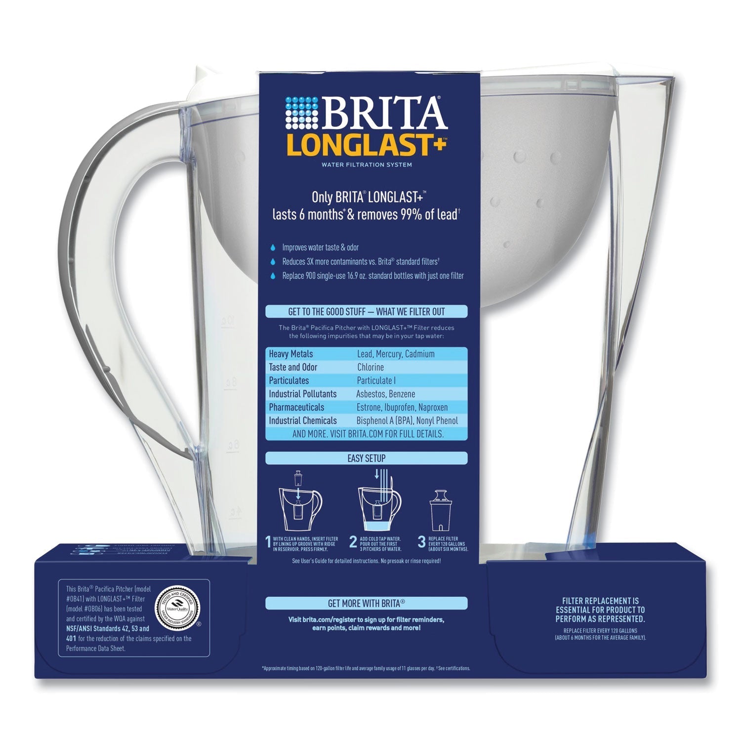 Brita® Pacifica Pitcher with Longlast+ Filter, 10 Cups, White/Clear