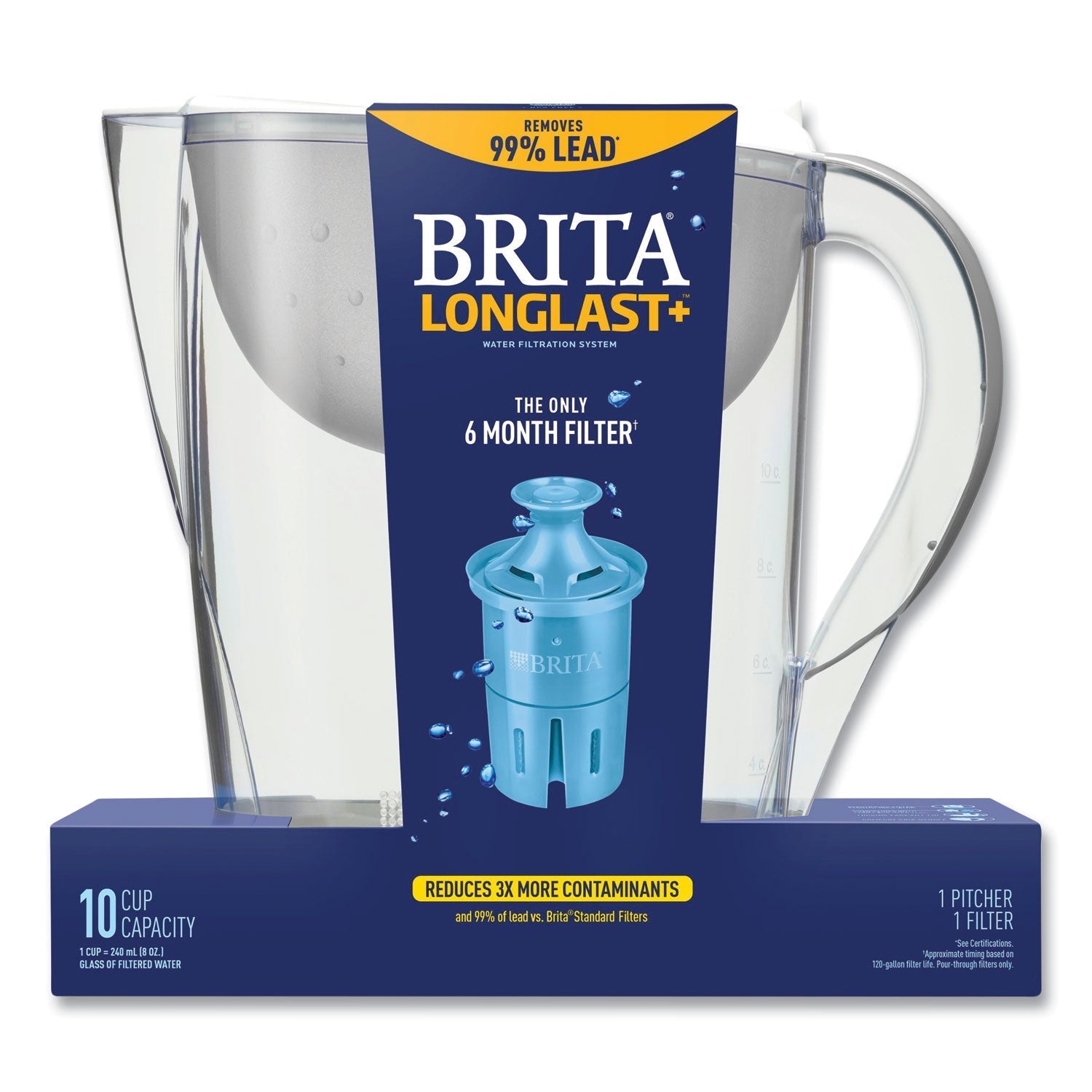 Brita® Pacifica Pitcher with Longlast+ Filter, 10 Cups, White/Clear