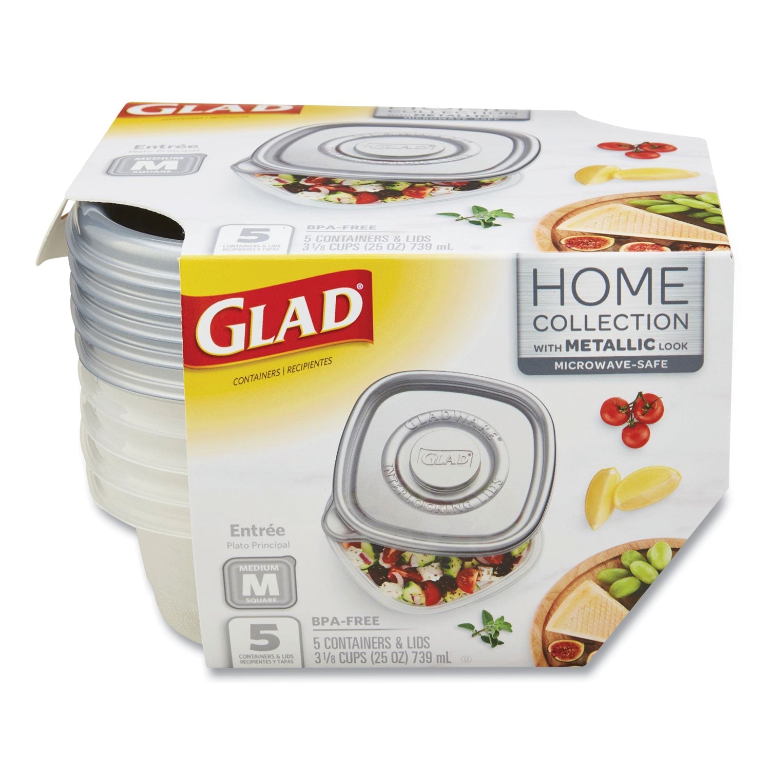 Glad® Home Collection Food Storage Containers With Lids, Medium Square, 25 Oz, Clear/metallic, Plastic, 5/pack