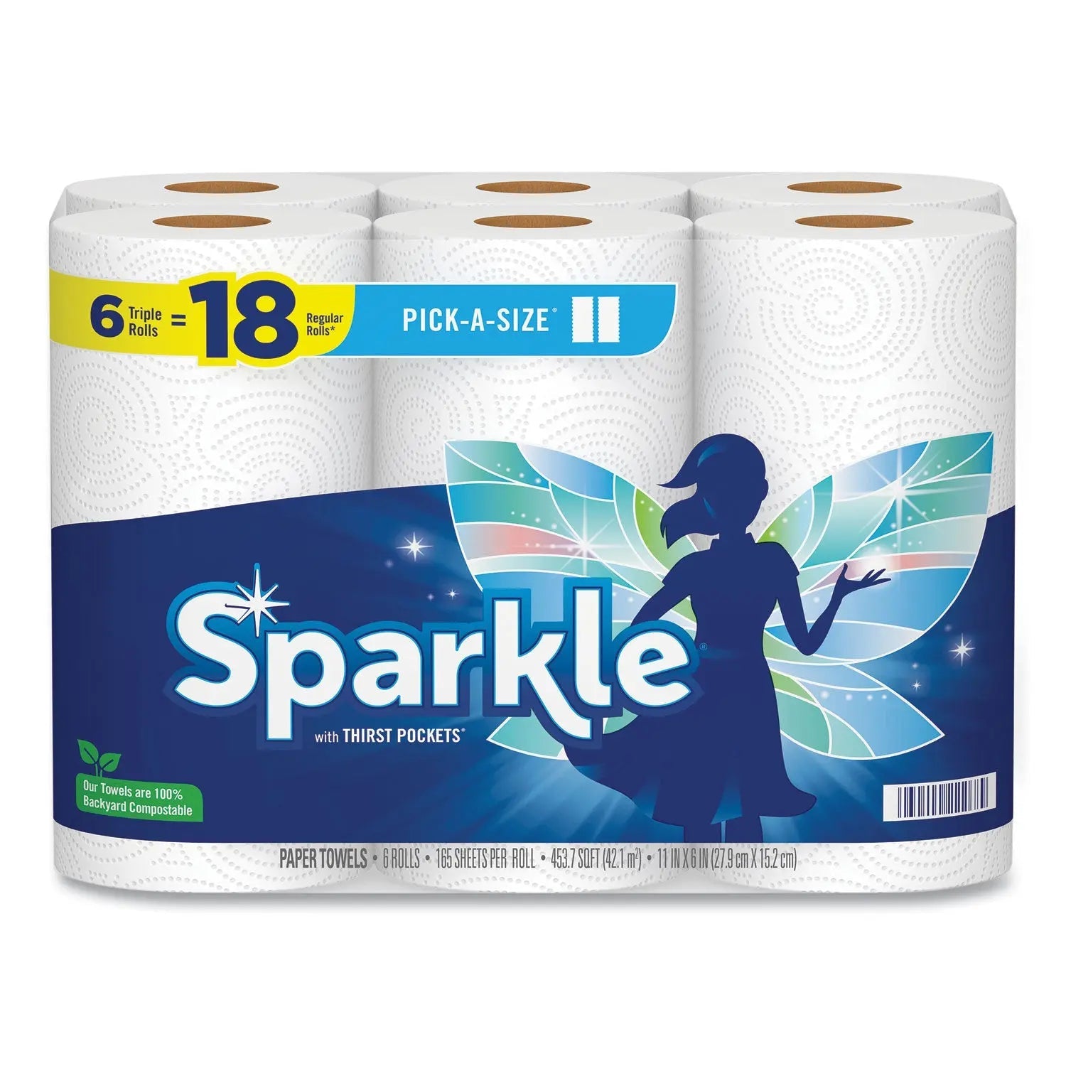 Sparkle® Pick-A-Size Perforated Kitchen Triple Roll Towels with Thirst Pockets, 2-Ply, 11 x 6, White, 165 Sheets/Roll, 6 Rolls/Pack