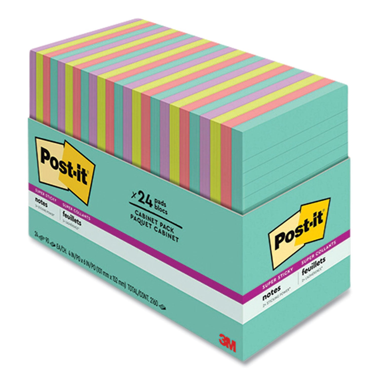 Post-it® Notes Super Sticky Pads in Supernova Neons Collection Colors, Note Ruled, Cabinet Pack, 4" x 6", 90 Sheets/Pad, 24 Pads/Pack