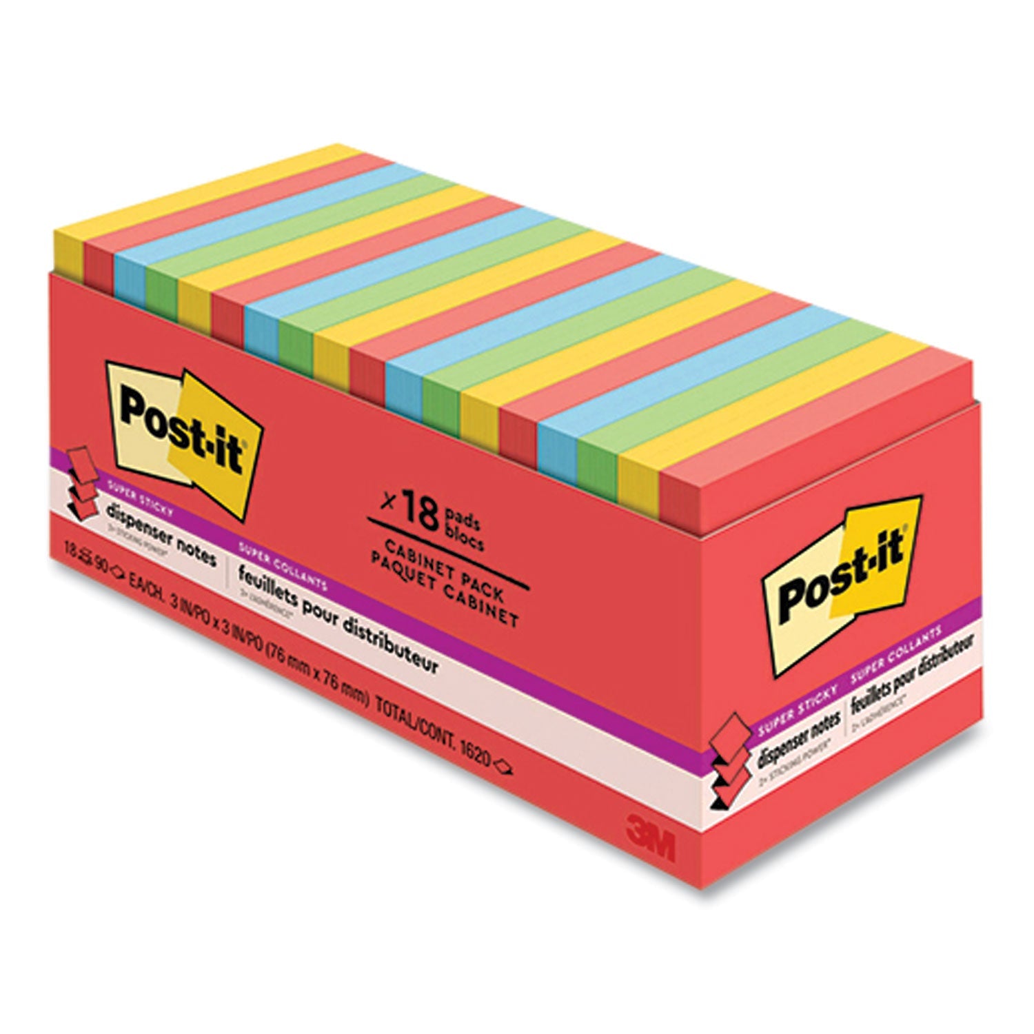 Post-it® Notes Super Sticky Pads in Playful Primary Collection Colors, Cabinet Pack, 3" x 3", 90 Sheets/Pad, 18 Pads/Pack