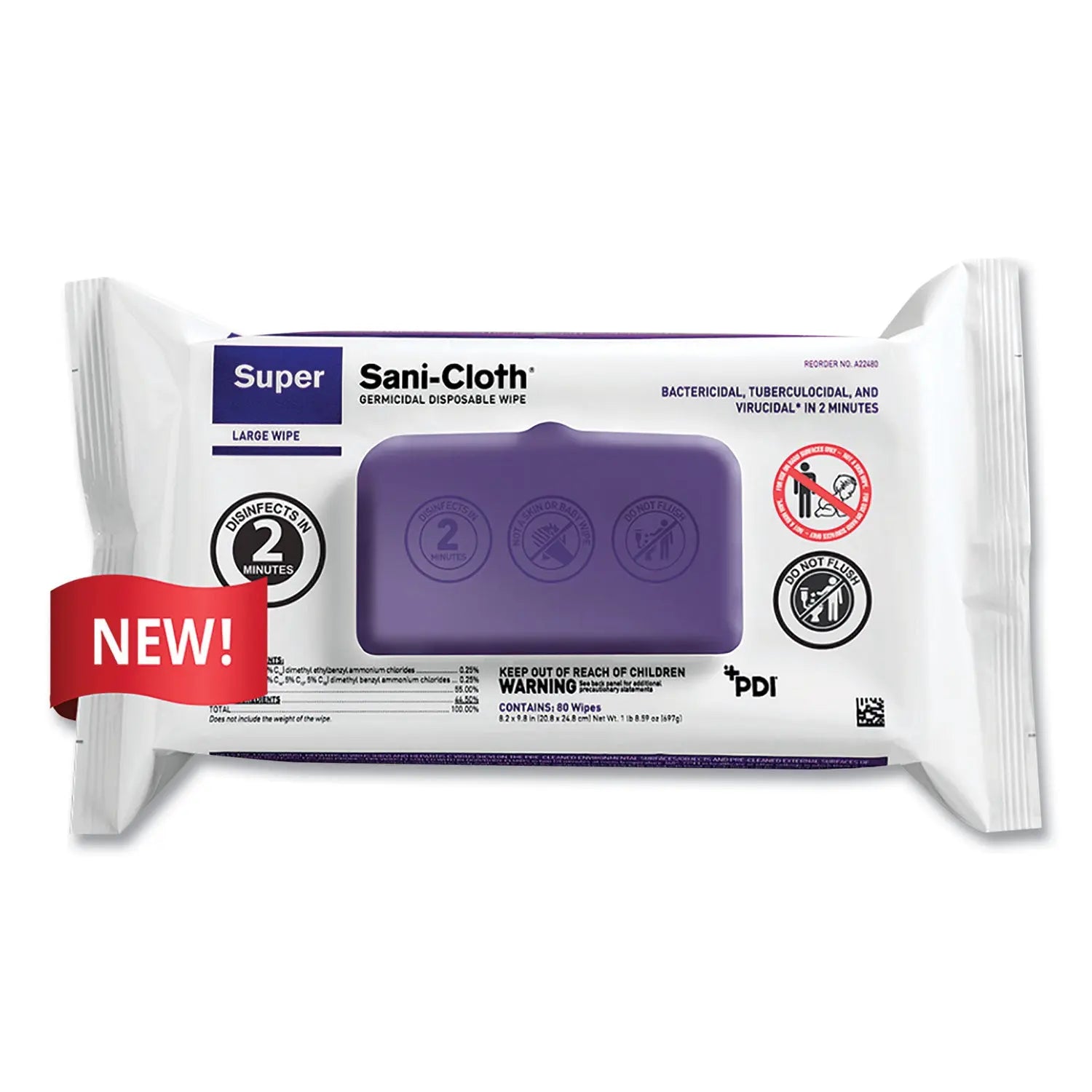 Sani Professional® Super Sani-Cloth Germicidal Disposable Wipes, Large, 1-Ply, 8.2 x 9.8, Unscented, White, 80/Pack