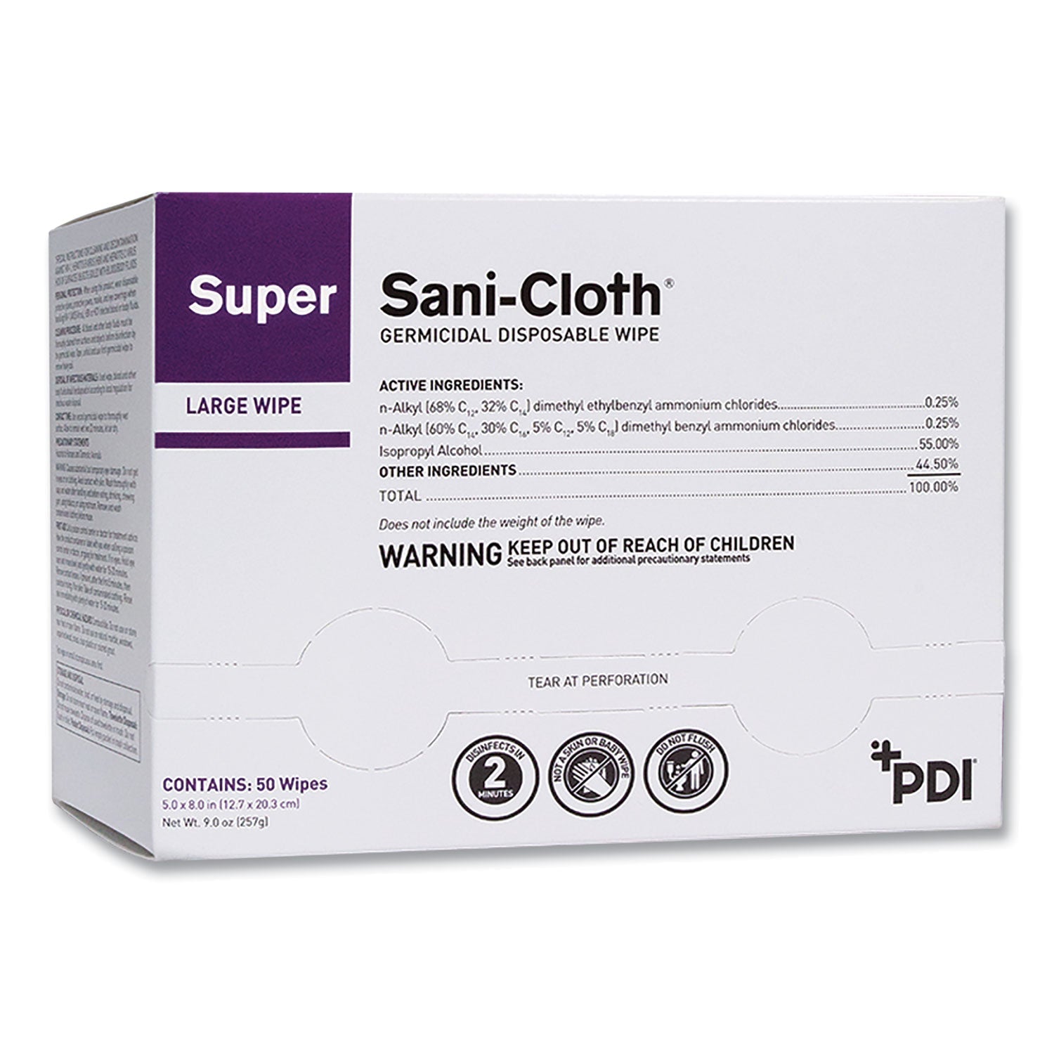 Sani Professional® Super Sani-Cloth Individually Wrapped Germicidal Disposable Wipes, Large, 1-Ply, 5 X 8, Unscented, White, 50/pack