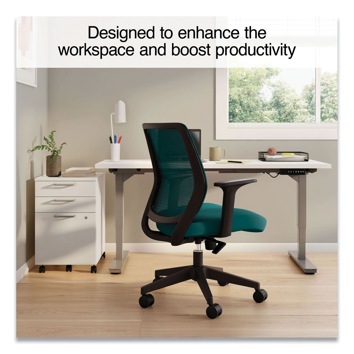 Union & Scale™ Essentials Mesh Back Fabric Task Chair with Arms, Supports Up to 275 lb, Teal Fabric Seat/Mesh Back, Black Base