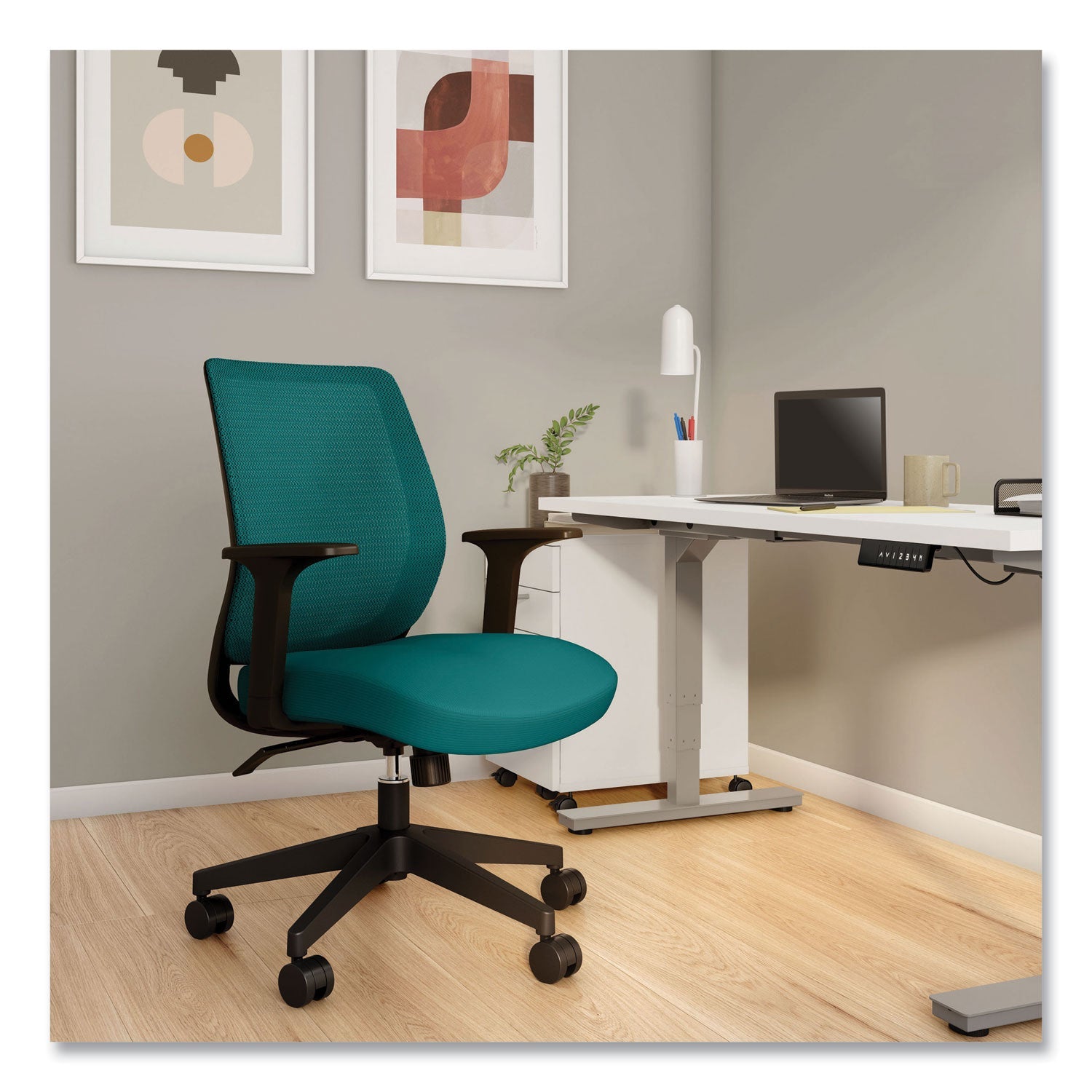 Union & Scale™ Essentials Mesh Back Fabric Task Chair with Arms, Supports Up to 275 lb, Teal Fabric Seat/Mesh Back, Black Base