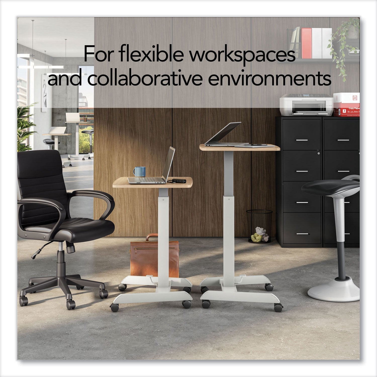 Union & Scale™ Essentials Sit-Stand Single-Column Mobile Workstation, 23.6" x 20.5" x 29.6" to 44.2", Natural Wood/Light Gray