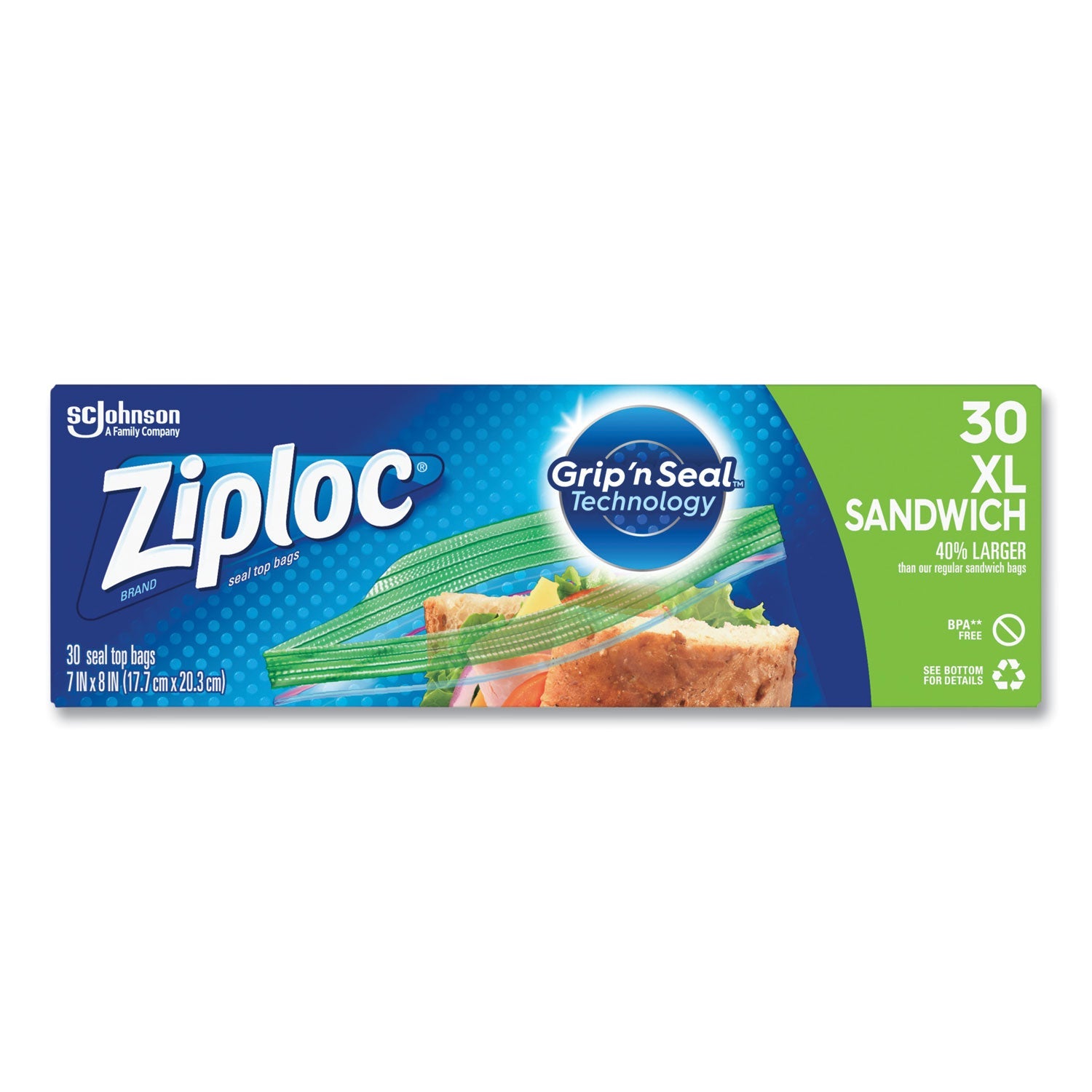 Ziploc® Sandwich Seal Top Bags, XL Sandwich, 8" x 7", Clear, 30/Box