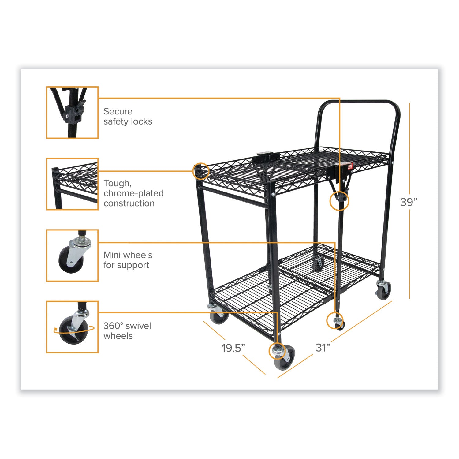 Bostitch® Stowaway Folding Carts, Metal, 2 Shelves, 250 lb Capacity, 29.63" x 37.25" x 18", Black - Bloom Skins