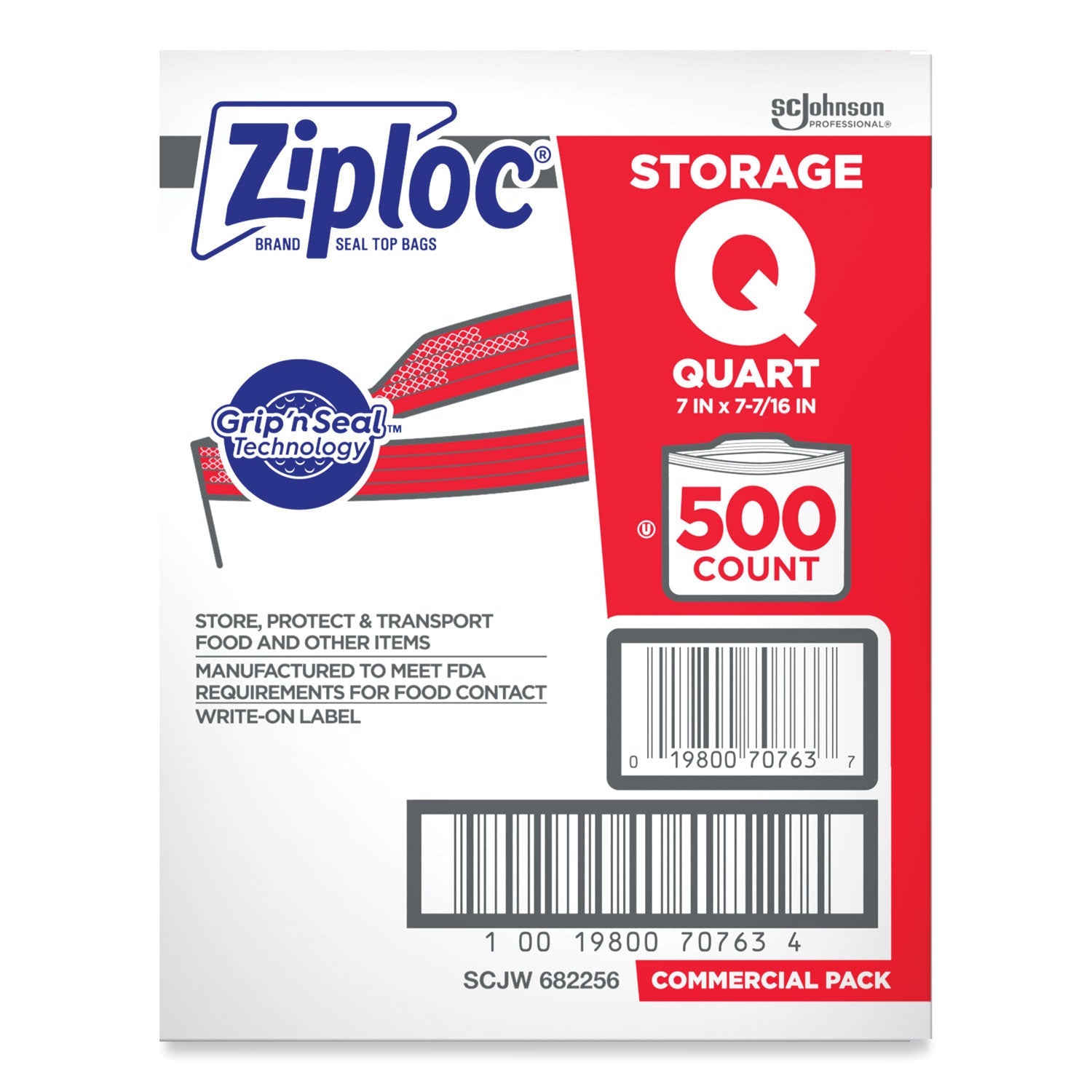 Ziploc® Double Zipper Storage Bags, Quart, 7" x 7.75", Clear, 500/Box
