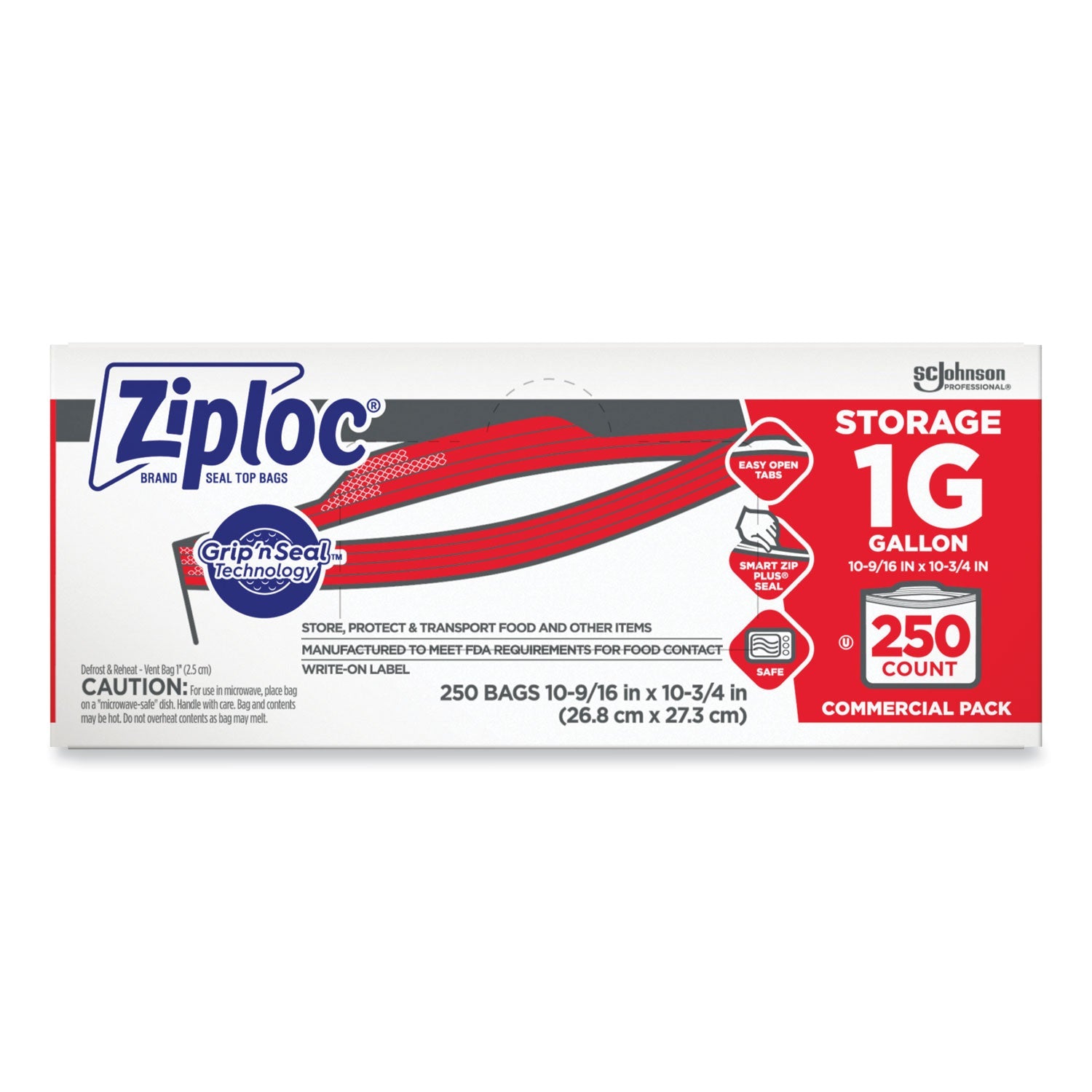 Ziploc® Double Zipper Storage Bags, Triple System Seal, Gallon, 10.56" x 10.75", Clear, 250/Box