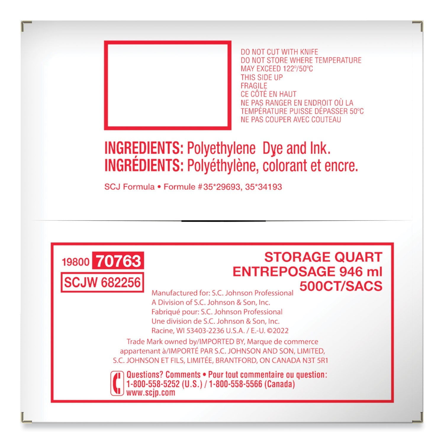 Ziploc® Double Zipper Storage Bags, Quart, 7" x 7.75", Clear, 500/Box