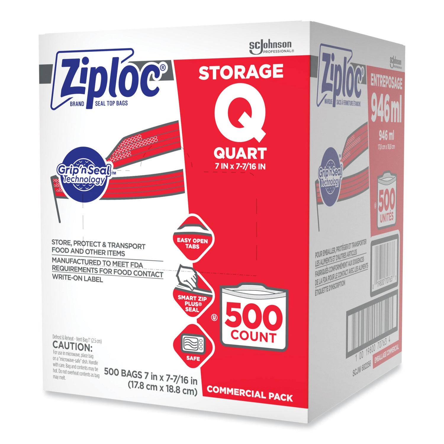 Ziploc® Double Zipper Storage Bags, Quart, 7" x 7.75", Clear, 500/Box