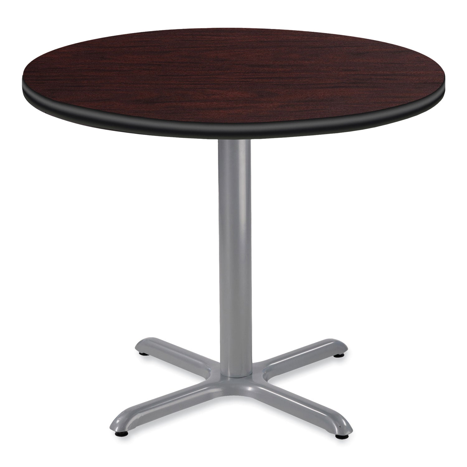 NPS® Cafe Table, 36" Diameter x 30h, Round Top/X-Base, Mahogany Top, Gray Base - Bloom Skins
