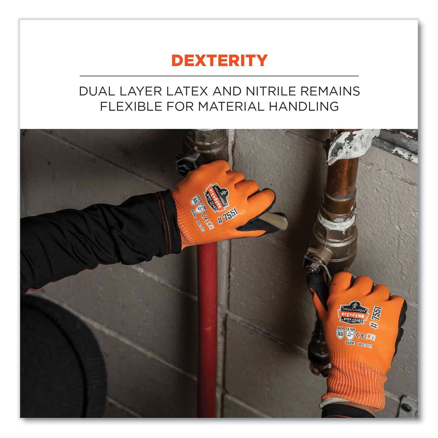 ergodyne® ProFlex 7551 ANSI A5 Coated Waterproof CR Gloves, Small, Orange, Pair