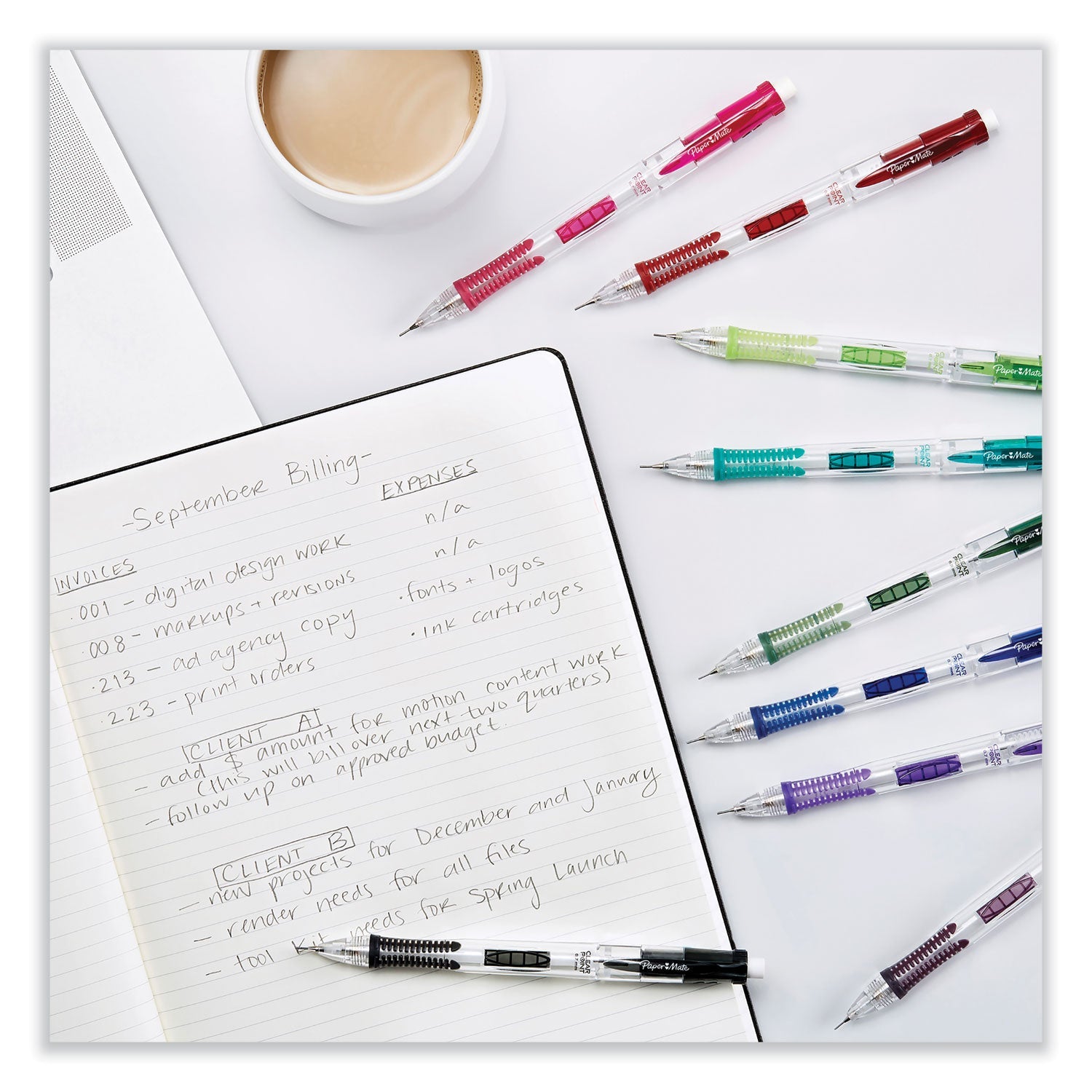 Paper Mate® Clear Point Mechanical Pencils with Tube of Lead/Erasers, 0.9 mm, HB (#2), Black Lead, Assorted Barrel Colors, 2/Pack