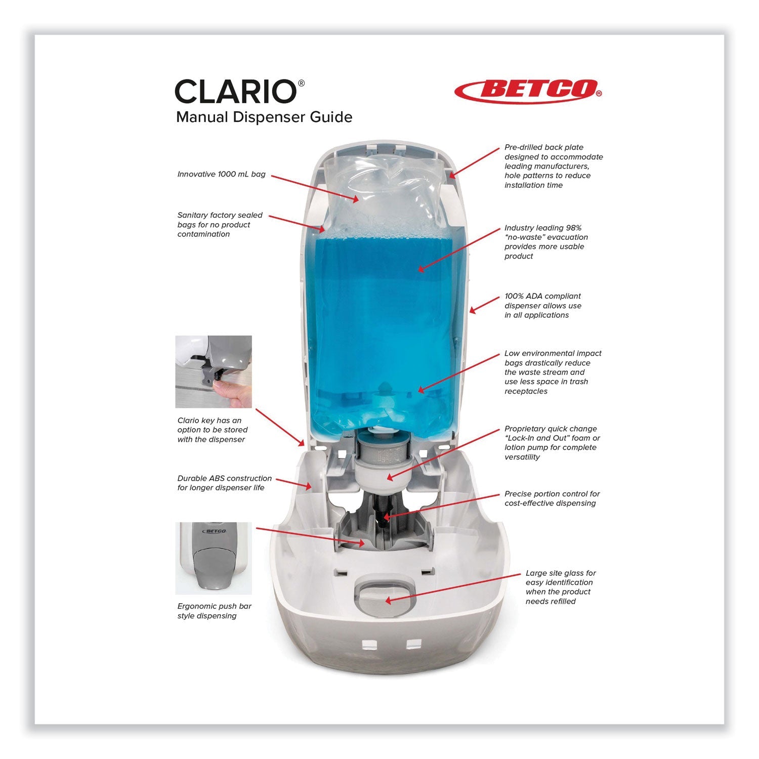 Betco® Clario Dispensing System Manual Foam Dispenser, 1,000 mL, 5.11 x 3.85 x 11.73, White, 12/Carton - Bloom Skins